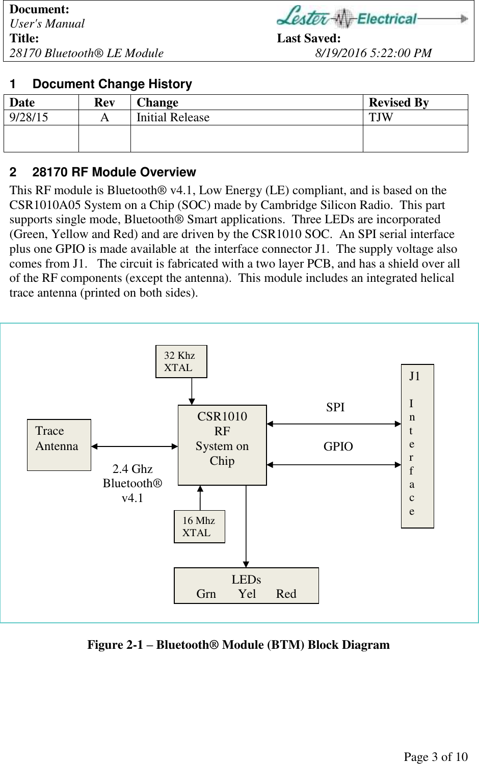 Document: User's Manual Title: Last Saved: 28170 Bluetooth® LE Module 8/19/2016 5:22:00 PM Page 3 of 10 1 Document Change History Date Rev Change Revised By 9/28/15 A Initial Release TJW 2 28170 RF Module Overview This RF module is Bluetooth® v4.1, Low Energy (LE) compliant, and is based on the CSR1010A05 System on a Chip (SOC) made by Cambridge Silicon Radio. This part supports single mode, Bluetooth® Smart applications. Three LEDs are incorporated (Green, Yellow and Red) and are driven by the CSR1010 SOC. An SPI serial interface plus one GPIO is made available at the interface connector J1. The supply voltage also comes from J1. The circuit is fabricated with a two layer PCB, and has a shield over all of the RF components (except the antenna). This module includes an integrated helical trace antenna (printed on both sides). Figure 2-1 – Bluetooth® Module (BTM) Block Diagram CSR1010 RF System on Chip J1 I n t e r f a c e 32 Khz XTAL 16 Mhz XTAL LEDs Grn Yel Red SPI GPIO Trace Antenna 2.4 Ghz Bluetooth® v4.1