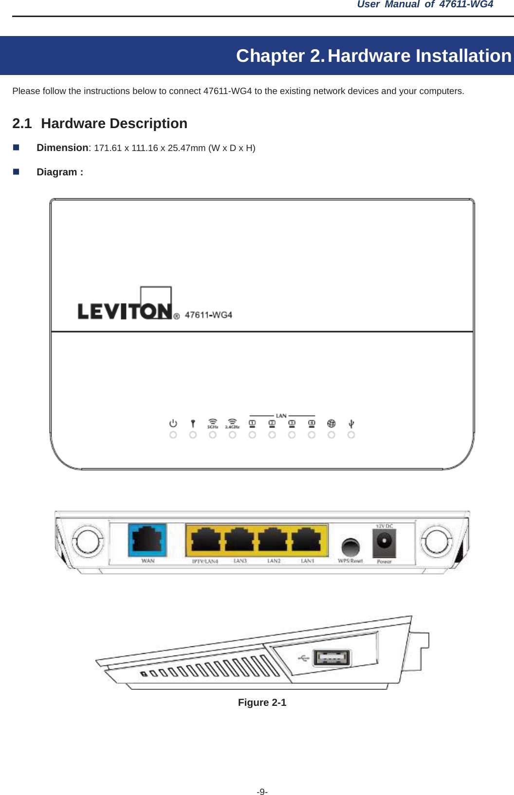 User Manual of 47611-WG4 -9-Chapter 2. Hardware Installation Please follow the instructions below to connect 47611-WG4 to the existing network devices and your computers. 2.1 Hardware Description Dimension:171.61 x 111.16 x 25.47mm (W x D x H)Diagram :Figure 2-1 