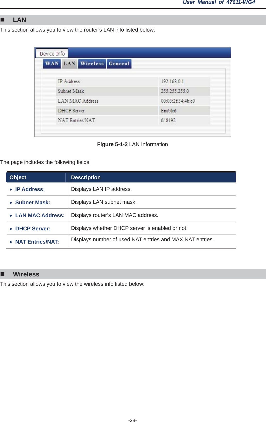 User Manual of 47611-WG4 -28-LANThis section allows you to view the router’s LAN info listed below: Figure 5-1-2 LAN Information The page includes the following fields: Object Description xIP Address:  Displays LAN IP address. xSubnet Mask:  Displays LAN subnet mask. xLAN MAC Address:  Displays router’s LAN MAC address. xDHCP Server:  Displays whether DHCP server is enabled or not. xNAT Entries/NAT:  Displays number of used NAT entries and MAX NAT entries. Wireless This section allows you to view the wireless info listed below: 