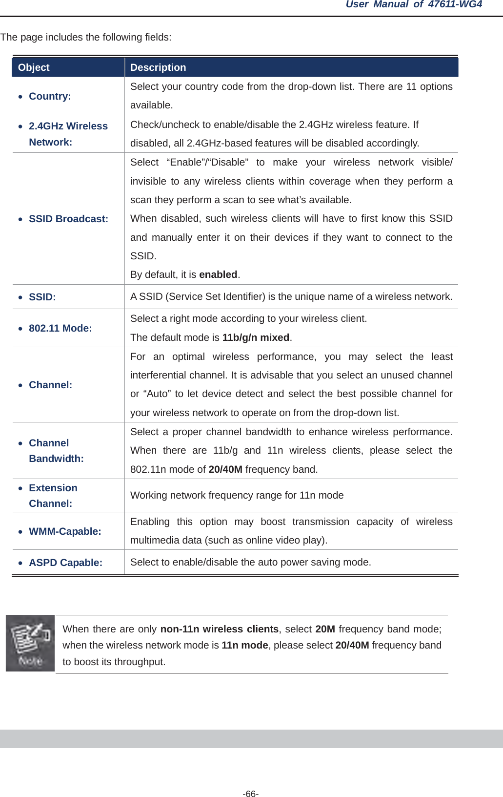 User Manual of 47611-WG4 -66-The page includes the following fields: Object Description xCountry:  Select your country code from the drop-down list. There are 11 options available.x2.4GHz Wireless Network: Check/uncheck to enable/disable the 2.4GHz wireless feature. If disabled, all 2.4GHz-based features will be disabled accordingly. xSSID Broadcast: Select “Enable”/“Disable” to make your wireless network visible/ invisible to any wireless clients within coverage when they perform a scan they perform a scan to see what’s available.   When disabled, such wireless clients will have to first know this SSID and manually enter it on their devices if they want to connect to the SSID.By default, it is enabled.xSSID: A SSID (Service Set Identifier) is the unique name of a wireless network.x802.11 Mode:  Select a right mode according to your wireless client.   The default mode is 11b/g/n mixed.xChannel: For an optimal wireless performance, you may select the least interferential channel. It is advisable that you select an unused channel or “Auto” to let device detect and select the best possible channel for your wireless network to operate on from the drop-down list. xChannel Bandwidth: Select a proper channel bandwidth to enhance wireless performance. When there are 11b/g and 11n wireless clients, please select the 802.11n mode of 20/40M frequency band. xExtension Channel:  Working network frequency range for 11n mode xWMM-Capable:  Enabling this option may boost transmission capacity of wireless multimedia data (such as online video play). xASPD Capable:  Select to enable/disable the auto power saving mode. When there are only non-11n wireless clients, select 20M frequency band mode; when the wireless network mode is 11n mode, please select 20/40M frequency band to boost its throughput. 