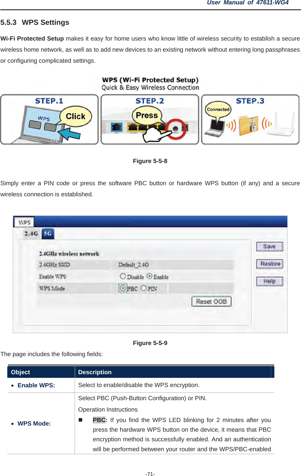 User Manual of 47611-WG4 -71-5.5.3 WPS Settings Wi-Fi Protected Setup makes it easy for home users who know little of wireless security to establish a secure wireless home network, as well as to add new devices to an existing network without entering long passphrases or configuring complicated settings.   Figure 5-5-8Simply enter a PIN code or press the software PBC button or hardware WPS button (if any) and a secure wireless connection is established.     Figure 5-5-9 The page includes the following fields: Object Description xEnable WPS:  Select to enable/disable the WPS encryption. xWPS Mode: Select PBC (Push-Button Configuration) or PIN. Operation Instructions PBC: If you find the WPS LED blinking for 2 minutes after you press the hardware WPS button on the device, it means that PBC encryption method is successfully enabled. And an authentication will be performed between your router and the WPS/PBC-enabled 