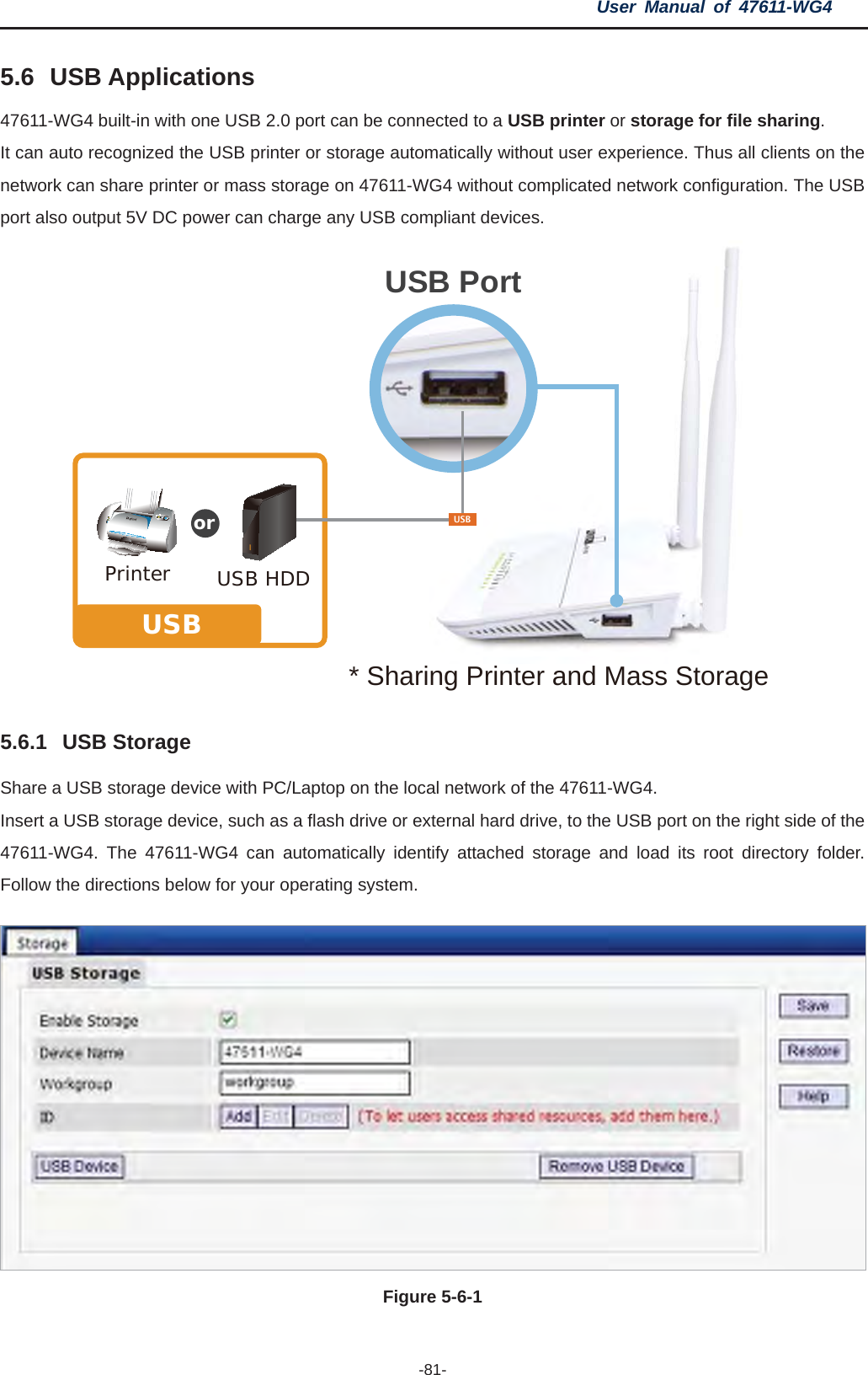 User Manual of 47611-WG4 -81-5.6 USB Applications 47611-WG4 built-in with one USB 2.0 port can be connected to a USB printer or storage for file sharing.It can auto recognized the USB printer or storage automatically without user experience. Thus all clients on the network can share printer or mass storage on 47611-WG4 without complicated network configuration. The USB port also output 5V DC power can charge any USB compliant devices. 5.6.1 USB Storage Share a USB storage device with PC/Laptop on the local network of the 47611-WG4.   Insert a USB storage device, such as a flash drive or external hard drive, to the USB port on the right side of the 47611-WG4. The 47611-WG4 can automatically identify attached storage and load its root directory folder. Follow the directions below for your operating system. Figure 5-6-1USB Port* Sharing Printer and Mass StoragePrinterUSBUSB HDDUSBor