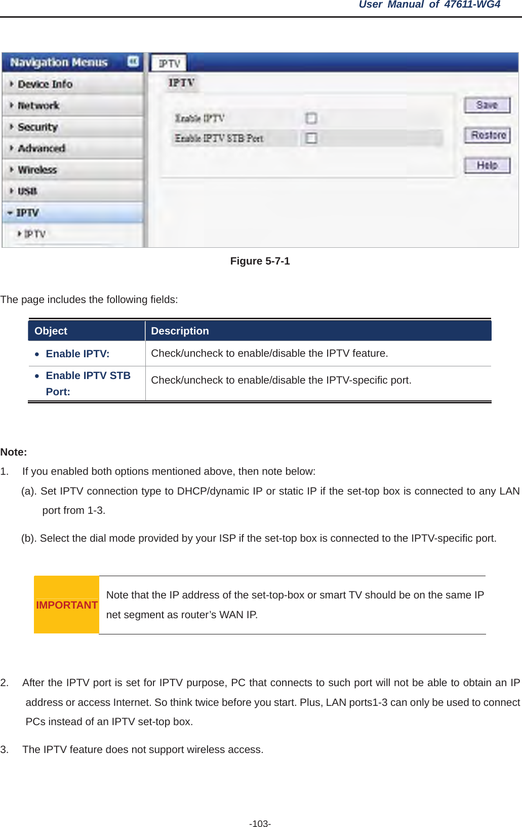 User Manual of 47611-WG4 -103-Figure 5-7-1The page includes the following fields: Object Description xEnable IPTV:  Check/uncheck to enable/disable the IPTV feature. xEnable IPTV STB Port: Check/uncheck to enable/disable the IPTV-specific port. Note: 1.  If you enabled both options mentioned above, then note below:   (a). Set IPTV connection type to DHCP/dynamic IP or static IP if the set-top box is connected to any LAN port from 1-3. (b). Select the dial mode provided by your ISP if the set-top box is connected to the IPTV-specific port.     IMPORTANT  Note that the IP address of the set-top-box or smart TV should be on the same IP net segment as router’s WAN IP. 2.  After the IPTV port is set for IPTV purpose, PC that connects to such port will not be able to obtain an IP address or access Internet. So think twice before you start. Plus, LAN ports1-3 can only be used to connect PCs instead of an IPTV set-top box. 3.  The IPTV feature does not support wireless access.   