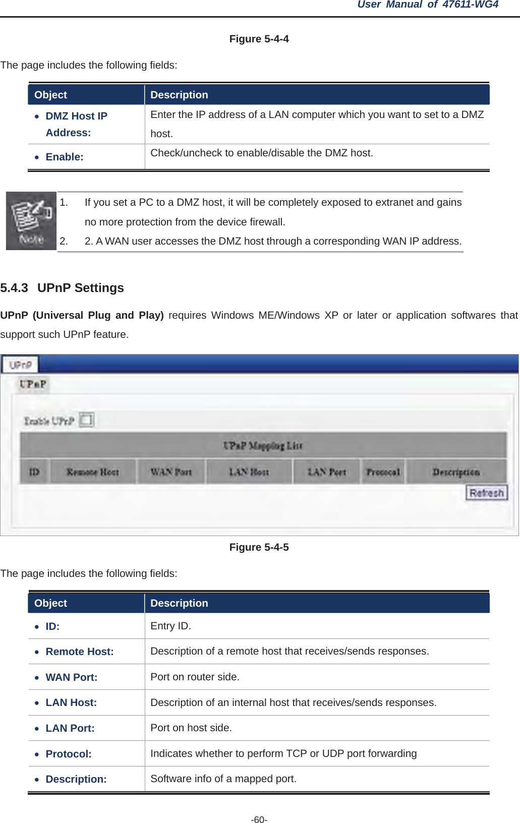 User Manual of 47611-WG4 -60-Figure 5-4-4 The page includes the following fields: Object Description xDMZ Host IP Address: Enter the IP address of a LAN computer which you want to set to a DMZ host.xEnable: Check/uncheck to enable/disable the DMZ host. 1.  If you set a PC to a DMZ host, it will be completely exposed to extranet and gains no more protection from the device firewall. 2.  2. A WAN user accesses the D corresponding WAN IP address. MZ host through a 5.4.3and Pl s that eature. UPnP Settings UPnP (Universal Plug support such UPnP fay) requires Windows ME/Windows XP or later or application softwareFigure 5-4-5 The page includes the following fields: Object Description xID: Entry ID. xRemote Host:  Description of a remote host that receives/sends responses. xWAN Port:  Port on router side. xLAN Host:  Description of an internal host that receives/sends responses. xLAN Port:  Port on host side. xProtocol:  Indicates whethe  or UDP port forwarding r to perform TCPxDescription:  Software info of a mapped port. 