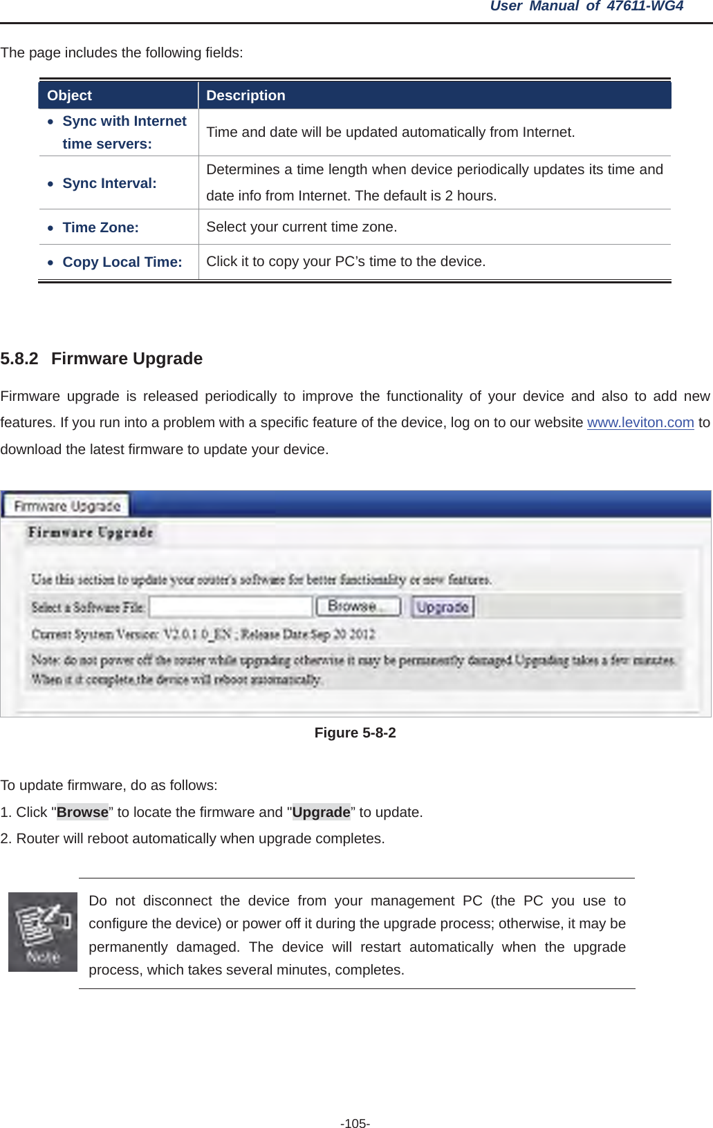 User Manual of 47611-WG4 -105-The page includes the following fields: Object Description xSync with Internet time servers:  Time and date will be updated automatically from Internet. xSync Interval:  Determines a time length when device periodically updates its time and date info from Internet. The default is 2 hours. xTime Zone:  Select your current time zone. xCopy Local Time:  Click it to copy your PC’s time to the device. 5.8.2 Firmware Upgrade Firmware upgrade is released periodically to improve the functionality of your device and also to add new features. If you run into a problem with a specific feature of the device, log on to our website www.leviton.com to download the latest firmware to update your device. Figure 5-8-2To update firmware, do as follows: 1. Click &quot;Browse” to locate the firmware and &quot;Upgrade” to update.   2. Router will reboot automatically when upgrade completes.   Do not disconnect the device from your management PC (the PC you use to configure the device) or power off it during the upgrade process; otherwise, it may be permanently damaged. The device will restart automatically when the upgrade process, which takes several minutes, completes. 