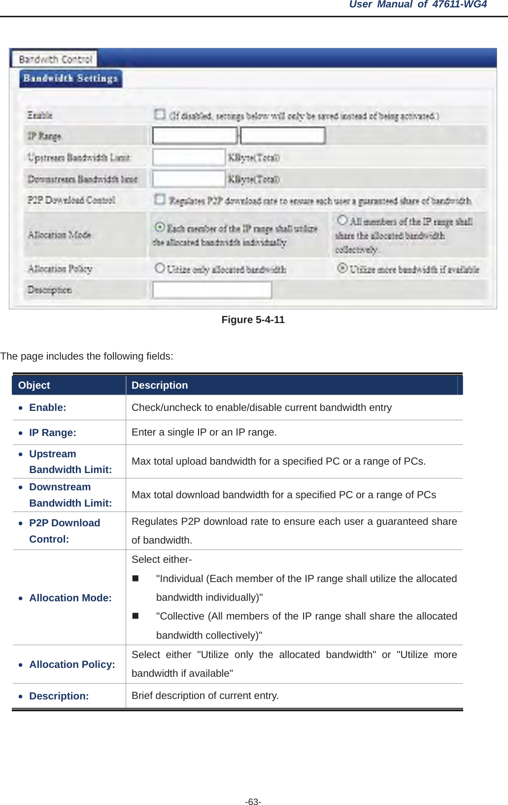 User Manual of 47611-WG4 -63-Figure 5-4-11 The page includes the following fields: Object Description xEnable: Check/uncheck to enable/disable current bandwidth entry xIP Range:  Enter a single IP or an IP range. xUpstream Bandwidth Limit:  Max total upload bandwidth for a specified PC or a range of PCs. xDownstream Bandwidth Limit:  Max total download bandwidth for a specified PC or a range of PCs xP2P Download Control: Regulates P2P dow re each user a guaranteed share of bandwidth. nload rate to ensuxn Mode: er-  al (Each member of the IP range shall utilize the allocated bandwidth individually)&quot; he allocated Select eithAllocatio &quot;Individu  &quot;Collective (All members of the IP range shall share tbandwidth collectively)&quot; xAllocation Policy:  Select either &quot;Utilize only the allocated bandwidth&quot; or &quot;Utilize more bandwidth if available&quot; xDescription:  Brief description of current entry. 