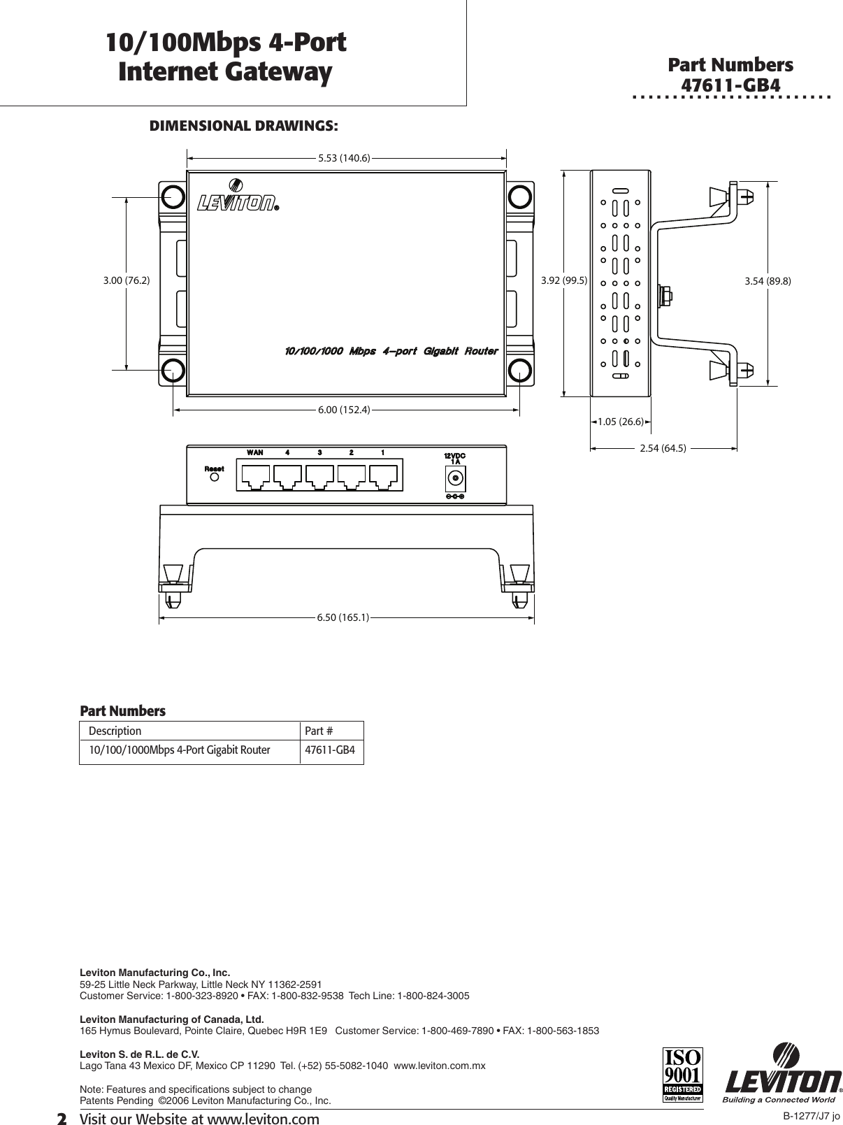 Page 2 of 2 - Leviton Leviton-4-Port-Gigabit-Router-Users-Manual- B-1277 Gigabit Router Spec Sht  Leviton-4-port-gigabit-router-users-manual