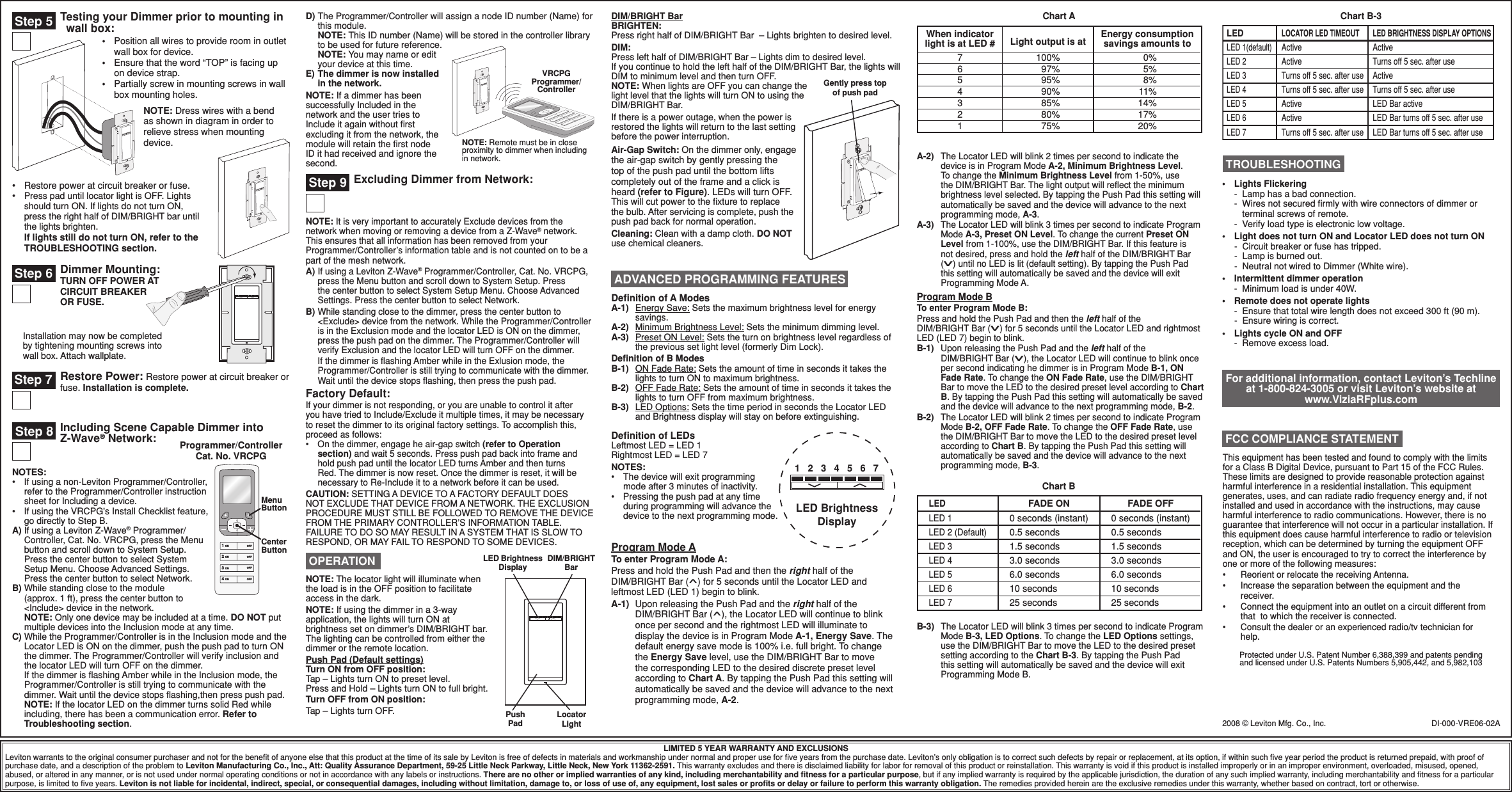 Including Scene Capable Dimmer into  Z-Wave® Network:Restore Power: Restore power at circuit breaker or    fuse. Installation is complete.D) The Programmer/Controller will assign a node ID number (Name) for this module. NOTE: This ID number (Name) will be stored in the controller library to be used for future reference.  NOTE: You may name or edit your device at this time. E) The dimmer is now installed in the network.NOTE: If a dimmer has been successfully Included in the network and the user tries to Include it again without ﬁrst excluding it from the network, the module will retain the ﬁrst node ID it had received and ignore the second.Testing your Dimmer prior to mounting in   wall box:LIMITED 5 YEAR WARRANTY AND EXCLUSIONSLeviton warrants to the original consumer purchaser and not for the beneﬁt of anyone else that this product at the time of its sale by Leviton is free of defects in materials and workmanship under normal and proper use for ﬁve years from the purchase date. Leviton’s only obligation is to correct such defects by repair or replacement, at its option, if within such ﬁve year period the product is returned prepaid, with proof of purchase date, and a description of the problem to Leviton Manufacturing Co., Inc., Att: Quality Assurance Department, 59-25 Little Neck Parkway, Little Neck, New York 11362-2591. This warranty excludes and there is disclaimed liability for labor for removal of this product or reinstallation. This warranty is void if this product is installed improperly or in an improper environment, overloaded, misused, opened, abused, or altered in any manner, or is not used under normal operating conditions or not in accordance with any labels or instructions. There are no other or implied warranties of any kind, including merchantability and ﬁtness for a particular purpose, but if any implied warranty is required by the applicable jurisdiction, the duration of any such implied warranty, including merchantability and ﬁtness for a particular purpose, is limited to ﬁve years. Leviton is not liable for incidental, indirect, special, or consequential damages, including without limitation, damage to, or loss of use of, any equipment, lost sales or proﬁts or delay or failure to perform this warranty obligation. The remedies provided herein are the exclusive remedies under this warranty, whether based on contract, tort or otherwise.• Restorepoweratcircuitbreakerorfuse.• Press pad until locator light is OFF. Lights should turn ON. If lights do not turn ON, press the right half of DIM/BRIGHT bar until the lights brighten. If lights still do not turn ON, refer to the TROUBLESHOOTING section.NOTES:• Ifusinganon-LevitonProgrammer/Controller,refer to the Programmer/Controller instruction sheet for Including a device.• IfusingtheVRCPG&apos;sInstallChecklistfeature,go directly to Step B.A) If using a Leviton Z-Wave® Programmer/Controller, Cat. No. VRCPG, press the Menu button and scroll down to System Setup. Press the center button to select System Setup Menu. Choose Advanced Settings. Press the center button to select Network.B) While standing close to the module (approx. 1 ft), press the center button to &lt;Include&gt; device in the network. NOTE: Only one device may be included at a time. DO NOT put multiple devices into the Inclusion mode at any time.C) While the Programmer/Controller is in the Inclusion mode and the Locator LED is ON on the dimmer, push the push pad to turn ON the dimmer. The Programmer/Controller will verify inclusion and the locator LED will turn OFF on the dimmer. IfthedimmerisashingAmberwhileintheInclusionmode,theProgrammer/Controller is still trying to communicate with the dimmer.Waituntilthedevicestopsashing,thenpresspushpad.  NOTE: If the locator LED on the dimmer turns solid Red while including, there has been a communication error. Refer to Troubleshooting section.DI-000-VRE06-02AProtectedunderU.S.PatentNumber6,388,399andpatentspending andlicensedunderU.S.PatentsNumbers5,905,442,and5,982,103Programmer/Controller Cat. No. VRCPGMenu Button1 ON2 ON3 ON4 ONOFFOFFOFFOFFCenter ButtonFor additional information, contact Leviton’s Techline at 1-800-824-3005 or visit Leviton’s website at www.ViziaRFplus.comNOTE: The locator light will illuminate when the load is in the OFF position to facilitate access in the dark.NOTE: If using the dimmer in a 3-way application, the lights will turn ON at brightness set on dimmer’s DIM/BRIGHT bar. The lighting can be controlled from either the dimmer or the remote location. Push Pad (Default settings) Turn ON from OFF position: Tap – Lights turn ON to preset level. Press and Hold – Lights turn ON to full bright.Turn OFF from ON position:Tap – Lights turn OFF.LED Brightness DisplayDIM/BRIGHT BarPush PadLocator Light OPERATIONInstallation may now be completed by tightening mounting screws into wall box. Attach wallplate.Dimmer Mounting: TURN OFF POWER AT CIRCUIT BREAKER OR FUSE.Step 7Step 6NOTE: It is very important to accurately Exclude devices from the network when moving or removing a device from a Z-Wave® network. This ensures that all information has been removed from your Programmer/Controller’s information table and is not counted on to be a part of the mesh network.A) If using a Leviton Z-Wave® Programmer/Controller, Cat. No. VRCPG, press the Menu button and scroll down to System Setup. Press the center button to select System Setup Menu. Choose Advanced Settings. Press the center button to select Network.B) While standing close to the dimmer, press the center button to &lt;Exclude&gt; device from the network. While the Programmer/Controller is in the Exclusion mode and the locator LED is ON on the dimmer, press the push pad on the dimmer. The Programmer/Controller will verify Exclusion and the locator LED will turn OFF on the dimmer. IfthedimmerisashingAmberwhileintheExlusionmode,theProgrammer/Controller is still trying to communicate with the dimmer. Waituntilthedevicestopsashing,thenpressthepushpad.Factory Default:If your dimmer is not responding, or you are unable to control it after you have tried to Include/Exclude it multiple times, it may be necessary to reset the dimmer to its original factory settings. To accomplish this, proceed as follows:• Onthedimmer,engageheair-gapswitch(refer to Operation section) and wait 5 seconds. Press push pad back into frame and hold push pad until the locator LED turns Amber and then turns Red. The dimmer is now reset. Once the dimmer is reset, it will be necessary to Re-Include it to a network before it can be used.CAUTION: SETTING A DEVICE TO A FACTORY DEFAULT DOES NOT EXCLUDE THATDEVICEFROMANETWORK.THEEXCLUSION PROCEDURE MUST STILL BE FOLLOWED TO REMOVE THE DEVICE FROM THE PRIMARY CONTROLLER’S INFORMATION TABLE. FAILURE TO DO SO MAY RESULT IN A SYSTEM THAT IS SLOW TO RESPOND, OR MAY FAIL TO RESPOND TO SOME DEVICES.Step 9 Excluding Dimmer from Network:Step 8 NOTE: Dress wires with a bend as shown in diagram in order to relieve stress when mounting device.•  Position all wires to provide room in outlet  wall box for device.• Ensure that the word “TOP” is facing up on device strap.• Partially screw in mounting screws in wall box mounting holes.Step 5A-2)  The Locator LED will blink 2 times per second to indicate the device is in Program Mode A-2, Minimum Brightness Level. To change the Minimum Brightness Level from 1-50%, use theDIM/BRIGHTBar.Thelightoutputwillreecttheminimumbrightness level selected. By tapping the Push Pad this setting will automatically be saved and the device will advance to the next programming mode, A-3.A-3)  The Locator LED will blink 3 times per second to indicate Program Mode A-3, Preset ON Level. To change the current Preset ON Level from 1-100%, use the DIM/BRIGHT Bar. If this feature is not desired, press and hold the left half of the DIM/BRIGHT Bar (v) until no LED is lit (default setting). By tapping the Push Pad this setting will automatically be saved and the device will exit Programming Mode A.Program Mode BTo enter Program Mode B:Press and hold the Push Pad and then the left half of the  DIM/BRIGHT Bar (v) for 5 seconds until the Locator LED and rightmost LED (LED 7) begin to blink.B-1)  Upon releasing the Push Pad and the left half of the  DIM/BRIGHT Bar (v), the Locator LED will continue to blink once per second indicating he dimmer is in Program Mode B-1, ON Fade Rate. To change the ON Fade Rate, use the DIM/BRIGHT Bar to move the LED to the desired preset level according to Chart B. By tapping the Push Pad this setting will automatically be saved and the device will advance to the next programming mode, B-2.B-2)  The Locator LED will blink 2 times per second to indicate Program Mode B-2, OFF Fade Rate. To change the OFF Fade Rate, use the DIM/BRIGHT Bar to move the LED to the desired preset level according to Chart B. By tapping the Push Pad this setting will automatically be saved and the device will advance to the next programming mode, B-3.LED BrightnessDisplay1 2 3 4 5 6 7Deﬁnition of A ModesA-1)  Energy Save: Sets the maximum brightness level for energy savings.A-2)   Minimum Brightness Level: Sets the minimum dimming level.A-3)  Preset ON Level: Sets the turn on brightness level regardless of the previous set light level (formerly Dim Lock).Deﬁnition of B ModesB-1)  ON Fade Rate: Sets the amount of time in seconds it takes the lights to turn ON to maximum brightness.B-2)  OFF Fade Rate: Sets the amount of time in seconds it takes the lights to turn OFF from maximum brightness.B-3)  LED Options: Sets the time period in seconds the Locator LED and Brightness display will stay on before extinguishing.Deﬁnition of LEDsLeftmost LED = LED 1Rightmost LED = LED 7NOTES:• Thedevicewillexitprogrammingmode after 3 minutes of inactivity.• Pressingthepushpadatanytimeduring programming will advance the device to the next programming mode. ADVANCED PROGRAMMING FEATURESProgram Mode ATo enter Program Mode A:Press and hold the Push Pad and then the right half of the  DIM/BRIGHT Bar (^) for 5 seconds until the Locator LED and leftmost LED (LED 1) begin to blink.A-1)  Upon releasing the Push Pad and the right half of the DIM/BRIGHT Bar (^), the Locator LED will continue to blink once per second and the rightmost LED will illuminate to display the device is in Program Mode A-1, Energy Save. The default energy save mode is 100% i.e. full bright. To change the Energy Save level, use the DIM/BRIGHT Bar to move the corresponding LED to the desired discrete preset level according to Chart A. By tapping the Push Pad this setting will automatically be saved and the device will advance to the next programming mode, A-2.B-3) The Locator LED will blink 3 times per second to indicate Program Mode B-3, LED Options. To change the LED Options settings, use the DIM/BRIGHT Bar to move the LED to the desired preset setting according to the Chart B-3. By tapping the Push Pad this setting will automatically be saved and the device will exit Programming Mode B.LEDLED 1LED 2 (Default)LED 3LED 4LED 5LED 6LED 7FADE ON0 seconds (instant)0.5 seconds1.5 seconds3.0 seconds6.0 seconds10 seconds25 seconds0 seconds (instant)0.5 seconds1.5 seconds3.0 seconds6.0 seconds10 seconds25 secondsFADE OFFChart BWhen indicatorlight is at LED #7654321Light output is at100%97%95%90%85%80%75%Energy consumptionsavings amounts to0%5%8%11%14%17%20%Chart A Chart B-3LEDLED 1(default)LED 2LED 3LED 4LED 5LED 6LED 7LOCATOR LED TIMEOUTActiveActiveActiveActiveTurns off 5 sec. after useTurns off 5 sec. after useTurns off 5 sec. after useLED BRIGHTNESS DISPLAY OPTIONSActiveTurns off 5 sec. after useActiveTurns off 5 sec. after useLED Bar activeLED Bar turns off 5 sec. after useLED Bar turns off 5 sec. after useVRCPG Programmer/ControllerNOTE: Remote must be in close proximity to dimmer when including in network.DIM/BRIGHT Bar BRIGHTEN:Press right half of DIM/BRIGHT Bar  – Lights brighten to desired level.DIM:Press left half of DIM/BRIGHT Bar – Lights dim to desired level. If you continue to hold the left half of the DIM/BRIGHT Bar, the lights will DIM to minimum level and then turn OFF. NOTE: When lights are OFF you can change the light level that the lights will turn ON to using the DIM/BRIGHT Bar. If there is a power outage, when the power is restored the lights will return to the last setting before the power interruption.Air-Gap Switch: On the dimmer only, engage the air-gap switch by gently pressing the top of the push pad until the bottom lifts completely out of the frame and a click is heard (refer to Figure). LEDs will turn OFF. This will cut power to the ﬁxture to replace the bulb. After servicing is complete, push the push pad back for normal operation.Cleaning: Clean with a damp cloth. DO NOT use chemical cleaners.Gently press top of push padThis equipment has been tested and found to comply with the limits for a Class B Digital Device, pursuant to Part 15 of the FCC Rules. These limits are designed to provide reasonable protection against harmful interference in a residential installation. This equipment generates, uses, and can radiate radio frequency energy and, if not installed and used in accordance with the instructions, may cause harmful interference to radio communications. However, there is no guarantee that interference will not occur in a particular installation. If this equipment does cause harmful interference to radio or television reception, which can be determined by turning the equipment OFF and ON, the user is encouraged to try to correct the interference by one or more of the following measures:• ReorientorrelocatethereceivingAntenna.• Increasetheseparationbetweentheequipmentandthereceiver.• Connecttheequipmentintoanoutletonacircuitdifferentfromthat  to which the receiver is connected.• Consultthedealeroranexperiencedradio/tvtechnicianforhelp. FCC COMPLIANCE STATEMENT TROUBLESHOOTING• LightsFlickering -  Lamp has a bad connection. -  Wires not secured ﬁrmly with wire connectors of dimmer or    terminal screws of remote. -  Verify load type is electronic low voltage.• LightdoesnotturnONandLocatorLEDdoesnotturnON  -  Circuit breaker or fuse has tripped.  -  Lamp is burned out.  -  Neutral not wired to Dimmer (White wire).• Intermittentdimmeroperation -  Minimum load is under 40W.• Remotedoesnotoperatelights -Ensurethattotalwirelengthdoesnotexceed300ft(90m).  -  Ensure wiring is correct.• LightscycleONandOFF -  Remove excess load.2008 © Leviton Mfg. Co., Inc.