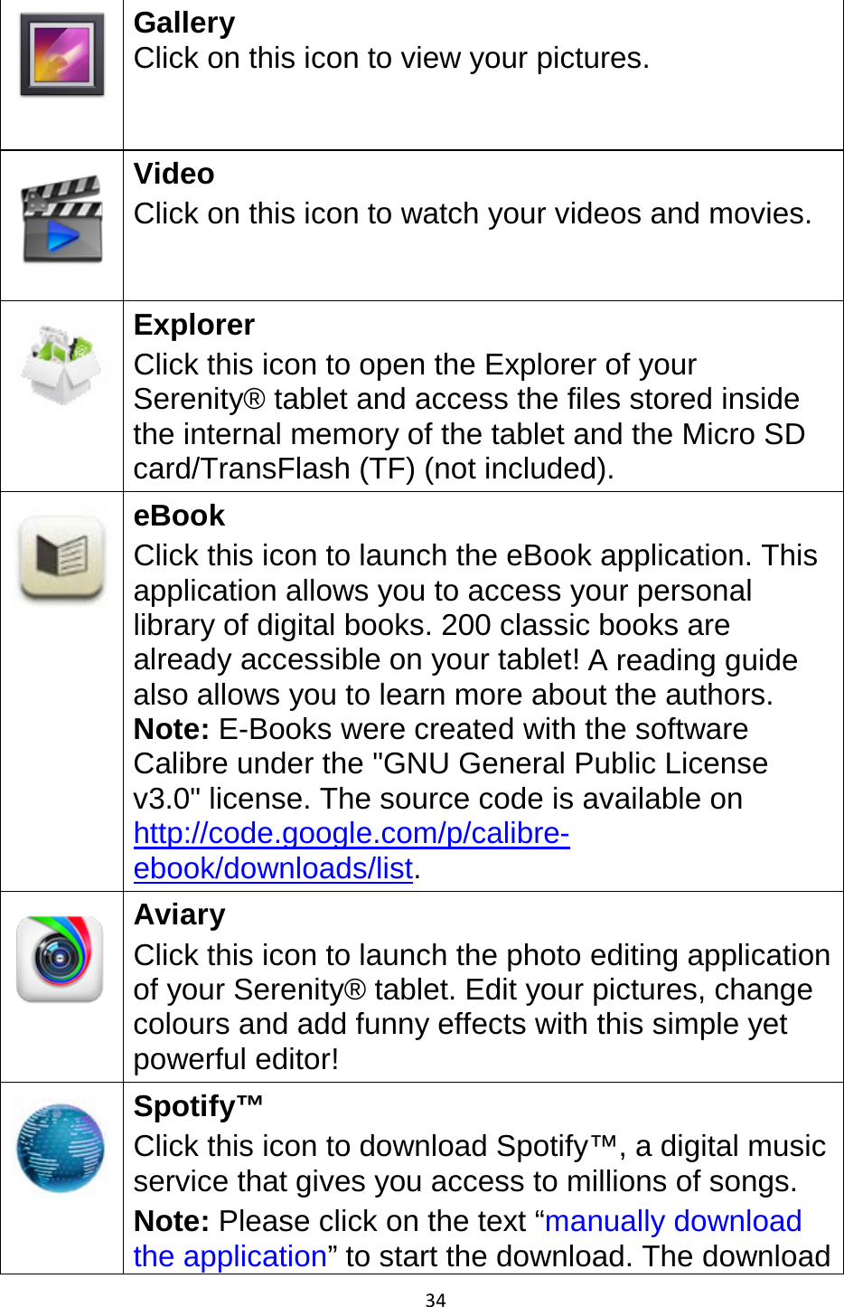 34   Gallery Click on this icon to view your pictures.  Video Click on this icon to watch your videos and movies.  Explorer Click this icon to open the Explorer of your Serenity® tablet and access the files stored inside the internal memory of the tablet and the Micro SD card/TransFlash (TF) (not included).  eBook Click this icon to launch the eBook application. This application allows you to access your personal library of digital books. 200 classic books are already accessible on your tablet! A reading guide also allows you to learn more about the authors. Note: E-Books were created with the software Calibre under the &quot;GNU General Public License v3.0&quot; license. The source code is available on http://code.google.com/p/calibre-ebook/downloads/list.  Aviary Click this icon to launch the photo editing application of your Serenity® tablet. Edit your pictures, change colours and add funny effects with this simple yet powerful editor!  Spotify™ Click this icon to download Spotify™, a digital music service that gives you access to millions of songs. Note: Please click on the text “manually download the application” to start the download. The download 