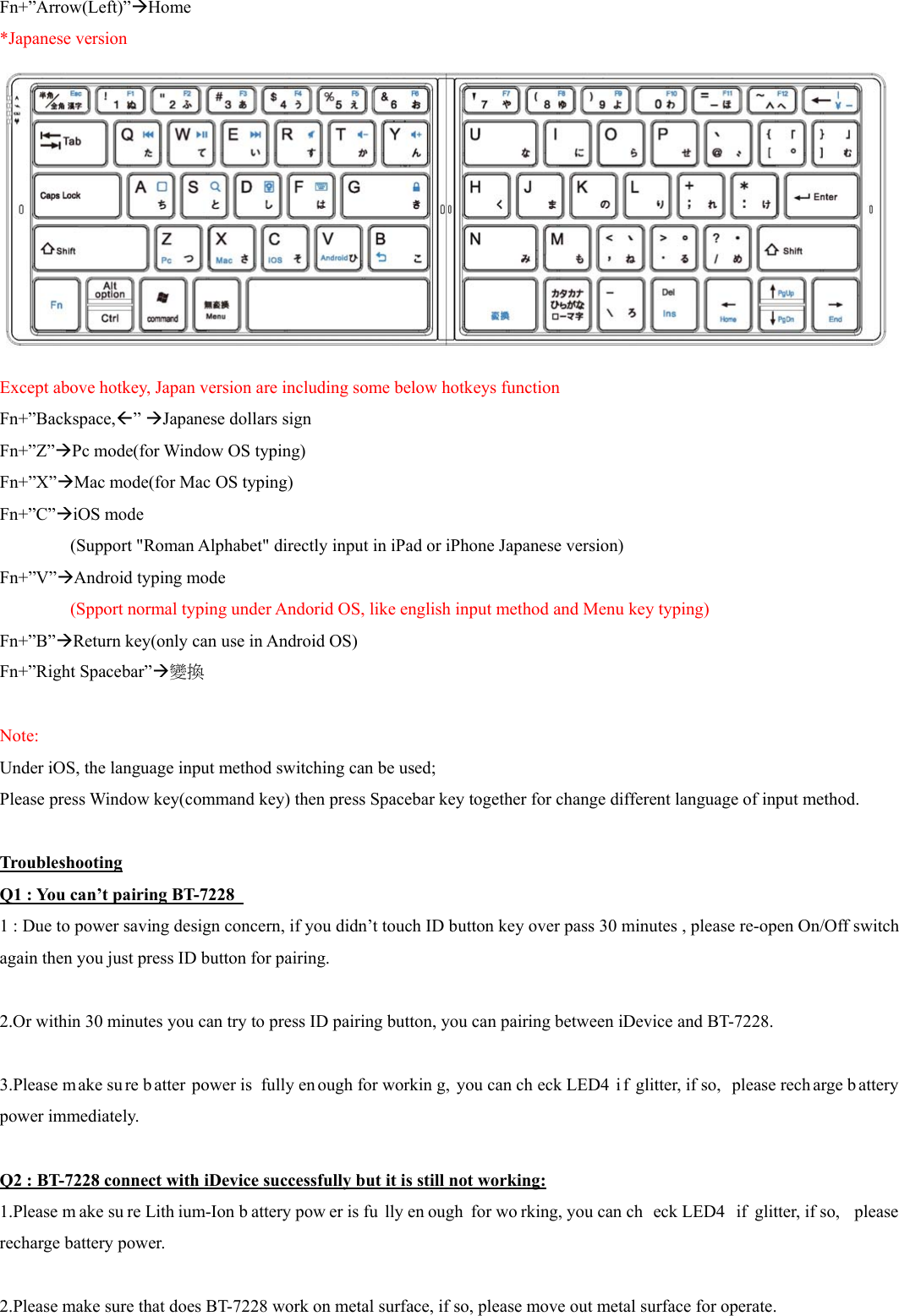 Fn+”Arrow(Left)”ÆHome *Japanese version  Except above hotkey, Japan version are including some below hotkeys function   Fn+”Backspace,Å” ÆJapanese dollars sign Fn+”Z”ÆPc mode(for Window OS typing) Fn+”X”ÆMac mode(for Mac OS typing) Fn+”C”ÆiOS mode (Support &quot;Roman Alphabet&quot; directly input in iPad or iPhone Japanese version) Fn+”V”ÆAndroid typing mode (Spport normal typing under Andorid OS, like english input method and Menu key typing) Fn+”B”ÆReturn key(only can use in Android OS) Fn+”Right Spacebar”Æ變換  Note: Under iOS, the language input method switching can be used; Please press Window key(command key) then press Spacebar key together for change different language of input method.  Troubleshooting Q1 : You can’t pairing BT-7228   1 : Due to power saving design concern, if you didn’t touch ID button key over pass 30 minutes , please re-open On/Off switch again then you just press ID button for pairing.  2.Or within 30 minutes you can try to press ID pairing button, you can pairing between iDevice and BT-7228.  3.Please m ake su re b atter power is  fully en ough for workin g, you can ch eck LED4  i f glitter, if so,  please rech arge b attery power immediately.  Q2 : BT-7228 connect with iDevice successfully but it is still not working: 1.Please m ake su re Lith ium-Ion b attery pow er is fu lly en ough for wo rking, you can ch eck LED4  if glitter, if so,  please recharge battery power.  2.Please make sure that does BT-7228 work on metal surface, if so, please move out metal surface for operate. 