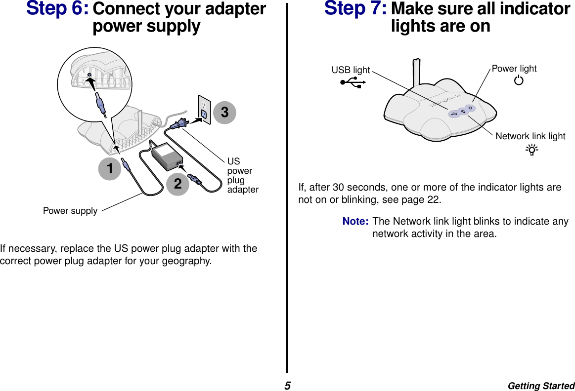 Getting Started5Step 6: Connect your adapter power supply If necessary, replace the US power plug adapter with the correct power plug adapter for your geography.Step 7: Make sure all indicator lights are onIf, after 30 seconds, one or more of the indicator lights are not on or blinking, see page 22.Note: The Network link light blinks to indicate any network activity in the area.1Power supply32US power plug adapterPower lightNetwork link lightUSB light
