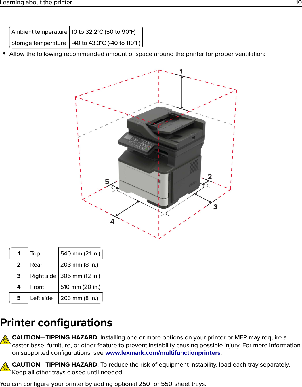 Ambient temperature 10 to 32.2°C (50 to 90°F)Storage temperature -40 to 43.3°C (-40 to 110°F)•Allow the following recommended amount of space around the printer for proper ventilation:1Top 540 mm (21 in.)2Rear 203 mm (8 in.)3Right side 305 mm (12 in.)4Front 510 mm (20 in.)5Left side 203 mm (8 in.)Printer conﬁgurationsCAUTION—TIPPING HAZARD: Installing one or more options on your printer or MFP may require acaster base, furniture, or other feature to prevent instability causing possible injury. For more informationon supported conﬁgurations, see www.lexmark.com/multifunctionprinters.CAUTION—TIPPING HAZARD: To reduce the risk of equipment instability, load each tray separately.Keep all other trays closed until needed.You can conﬁgure your printer by adding optional 250‑ or 550‑sheet trays.Learning about the printer 10