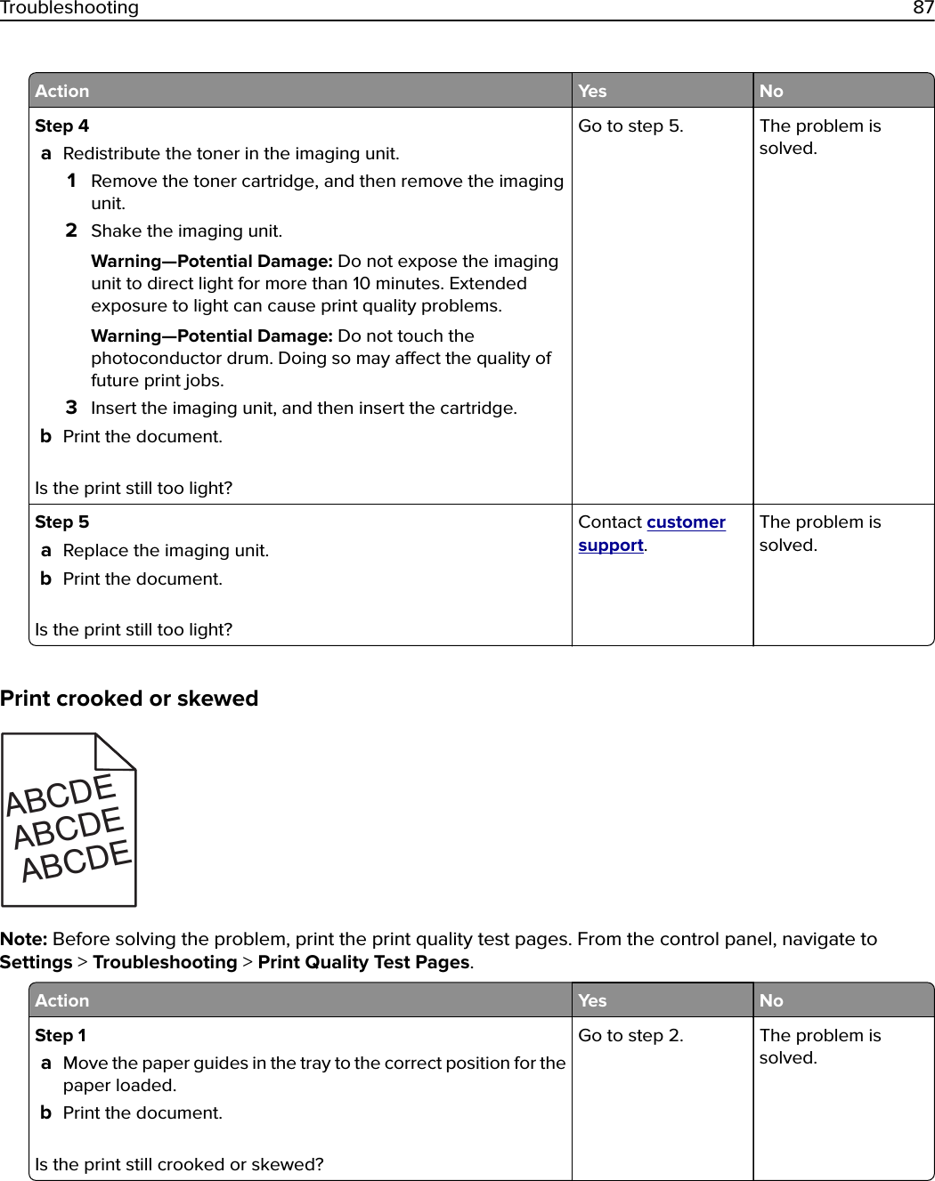 Action Yes NoStep 4aRedistribute the toner in the imaging unit.1Remove the toner cartridge, and then remove the imagingunit.2Shake the imaging unit.Warning—Potential Damage: Do not expose the imagingunit to direct light for more than 10 minutes. Extendedexposure to light can cause print quality problems.Warning—Potential Damage: Do not touch thephotoconductor drum. Doing so may aect the quality offuture print jobs.3Insert the imaging unit, and then insert the cartridge.bPrint the document.Is the print still too light?Go to step 5. The problem issolved.Step 5aReplace the imaging unit.bPrint the document.Is the print still too light?Contact customersupport.The problem issolved.Print crooked or skewed) )ABCDEABCDEABCDENote: Before solving the problem, print the print quality test pages. From the control panel, navigate toSettings &gt; Troubleshooting &gt; Print Quality Test Pages.Action Yes NoStep 1aMove the paper guides in the tray to the correct position for thepaper loaded.bPrint the document.Is the print still crooked or skewed?Go to step 2. The problem issolved.Troubleshooting 87