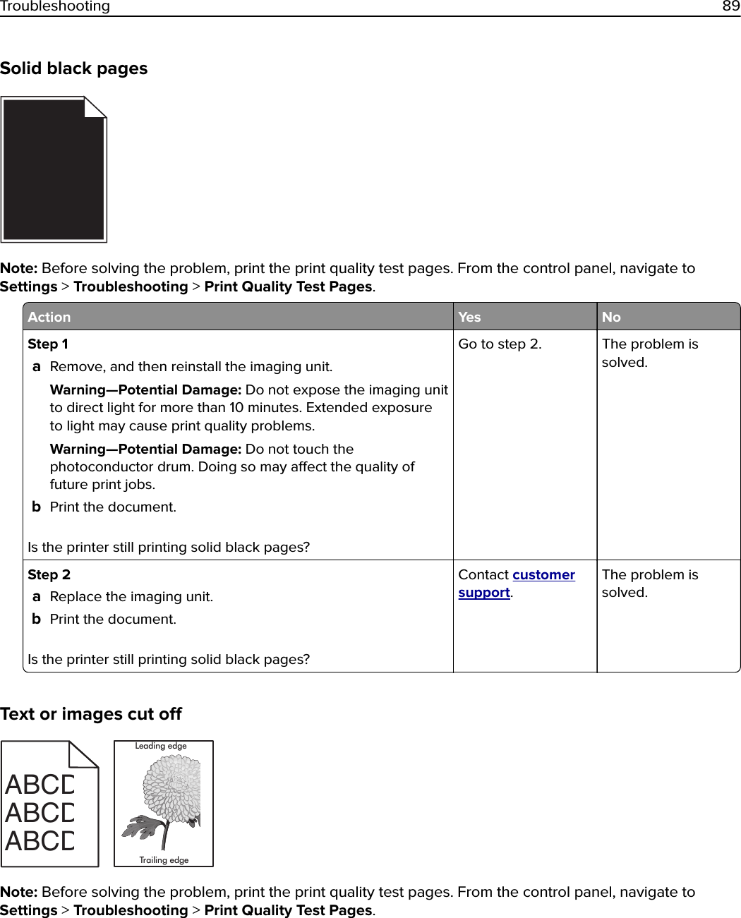 Solid black pagesNote: Before solving the problem, print the print quality test pages. From the control panel, navigate toSettings &gt; Troubleshooting &gt; Print Quality Test Pages.Action Yes NoStep 1aRemove, and then reinstall the imaging unit.Warning—Potential Damage: Do not expose the imaging unitto direct light for more than 10 minutes. Extended exposureto light may cause print quality problems.Warning—Potential Damage: Do not touch thephotoconductor drum. Doing so may aect the quality offuture print jobs.bPrint the document.Is the printer still printing solid black pages?Go to step 2. The problem issolved.Step 2aReplace the imaging unit.bPrint the document.Is the printer still printing solid black pages?Contact customersupport.The problem issolved.Text or images cut oLeading edgeTrailing edgeABCDEABCDEABCDENote: Before solving the problem, print the print quality test pages. From the control panel, navigate toSettings &gt; Troubleshooting &gt; Print Quality Test Pages.Troubleshooting 89