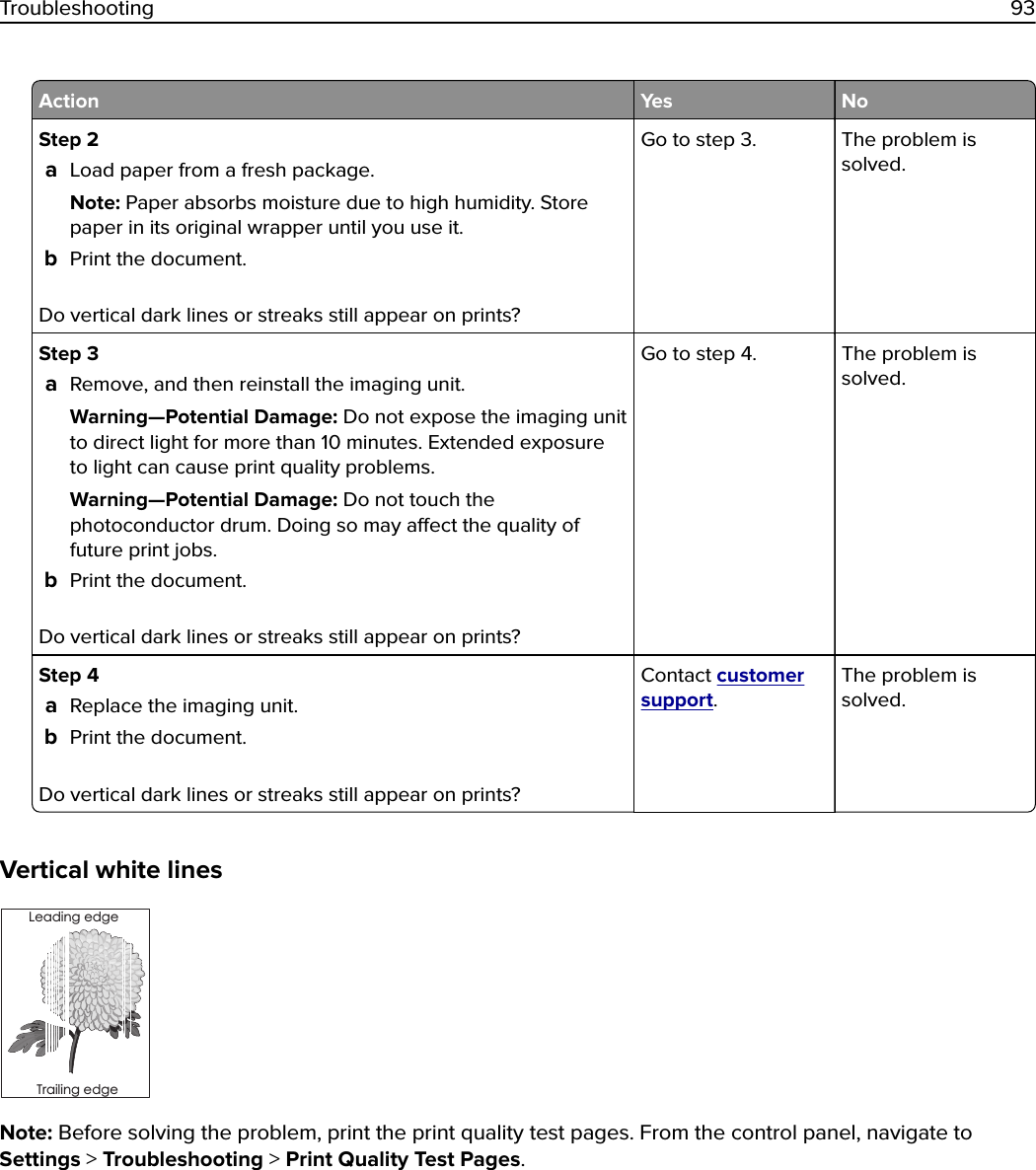 Action Yes NoStep 2aLoad paper from a fresh package.Note: Paper absorbs moisture due to high humidity. Storepaper in its original wrapper until you use it.bPrint the document.Do vertical dark lines or streaks still appear on prints?Go to step 3. The problem issolved.Step 3aRemove, and then reinstall the imaging unit.Warning—Potential Damage: Do not expose the imaging unitto direct light for more than 10 minutes. Extended exposureto light can cause print quality problems.Warning—Potential Damage: Do not touch thephotoconductor drum. Doing so may aect the quality offuture print jobs.bPrint the document.Do vertical dark lines or streaks still appear on prints?Go to step 4. The problem issolved.Step 4aReplace the imaging unit.bPrint the document.Do vertical dark lines or streaks still appear on prints?Contact customersupport.The problem issolved.Vertical white linesLeading edgeTrailing edgeNote: Before solving the problem, print the print quality test pages. From the control panel, navigate toSettings &gt; Troubleshooting &gt; Print Quality Test Pages.Troubleshooting 93