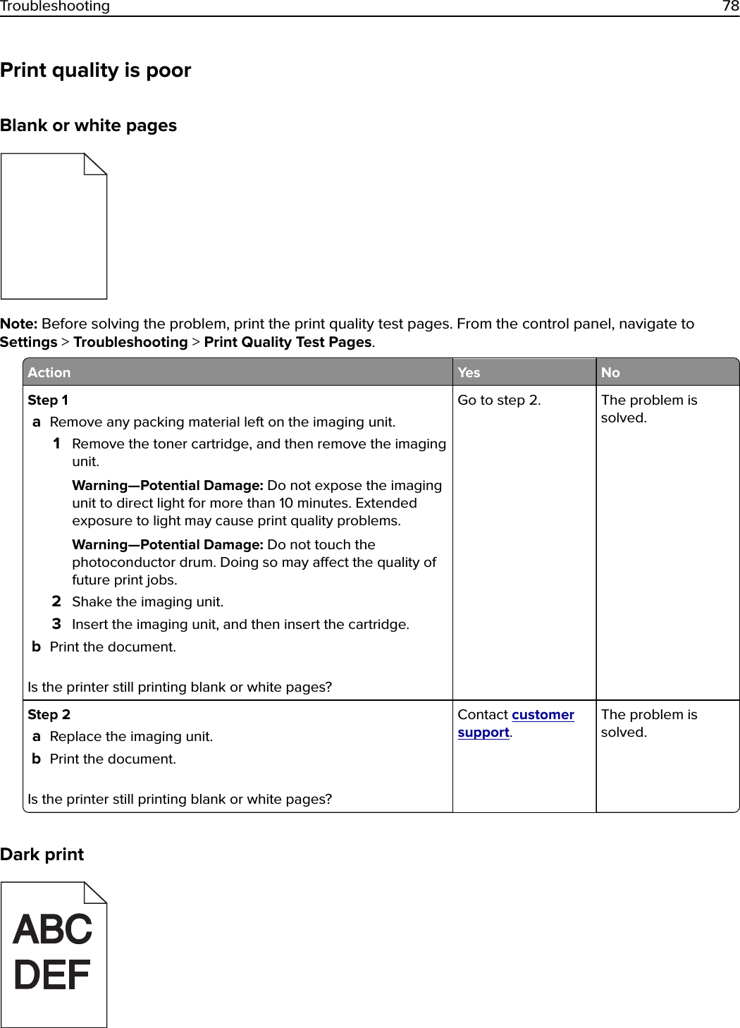 Print quality is poorBlank or white pagesNote: Before solving the problem, print the print quality test pages. From the control panel, navigate toSettings &gt; Troubleshooting &gt; Print Quality Test Pages.Action Yes NoStep 1aRemove any packing material left on the imaging unit.1Remove the toner cartridge, and then remove the imagingunit.Warning—Potential Damage: Do not expose the imagingunit to direct light for more than 10 minutes. Extendedexposure to light may cause print quality problems.Warning—Potential Damage: Do not touch thephotoconductor drum. Doing so may aect the quality offuture print jobs.2Shake the imaging unit.3Insert the imaging unit, and then insert the cartridge.bPrint the document.Is the printer still printing blank or white pages?Go to step 2. The problem issolved.Step 2aReplace the imaging unit.bPrint the document.Is the printer still printing blank or white pages?Contact customersupport.The problem issolved.Dark printTroubleshooting 78