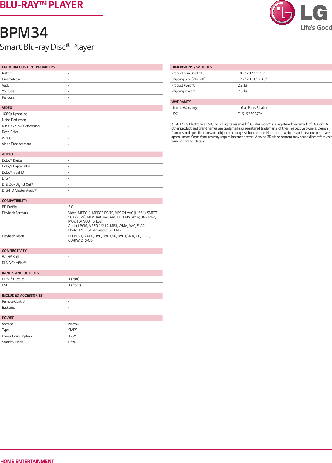 Page 2 of 2 - Lg Lg-Bpm34-Specification-Sheet-  Lg-bpm34-specification-sheet