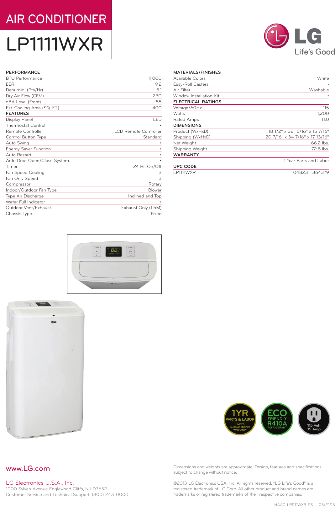Lg Lp1111wxr Specification Sheet