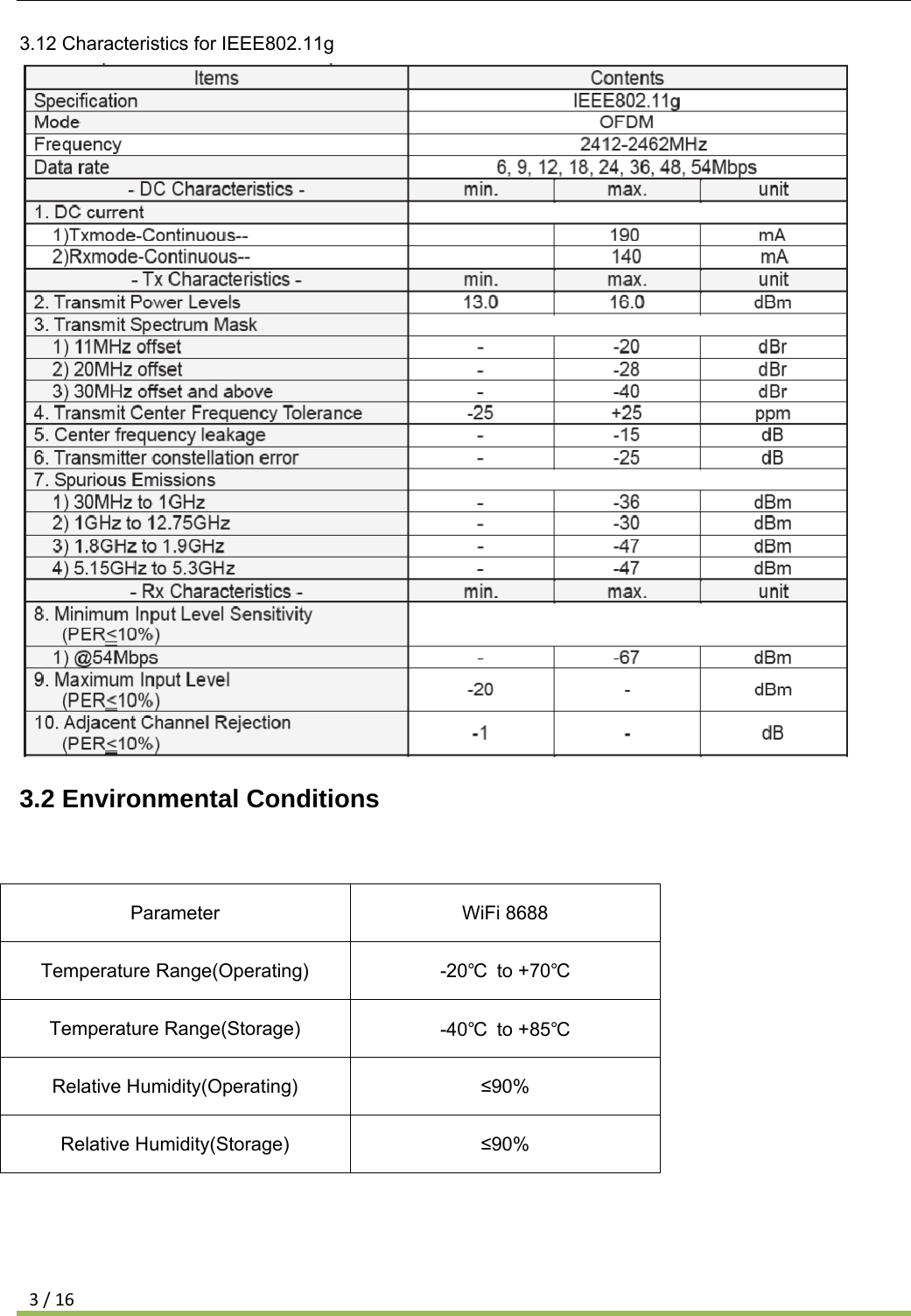 3/163.12 Characteristics for IEEE802.11g  3.2 Environmental Conditions  Parameter  WiFi 8688 Temperature Range(Operating)  -20℃ to +70℃ Temperature Range(Storage)  -40℃ to +85℃ Relative Humidity(Operating)  ≤90% Relative Humidity(Storage)  ≤90%    