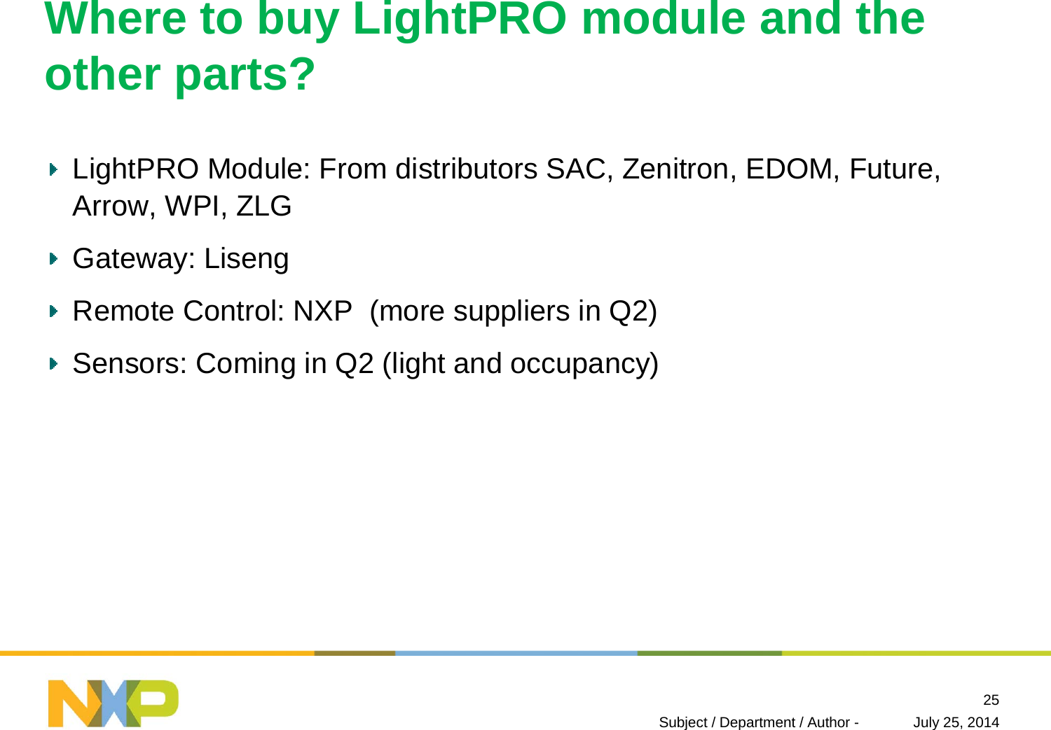 Where to buy LightPRO module and theother parts?LightPRO Module: From distributors SAC, Zenitron, EDOM, Future, Arrow, WPI, ZLGGateway: LisengRemote Control: NXP  (more suppliers in Q2)Sensors: Coming in Q2 (light and occupancy)July 25, 2014Subject / Department / Author -25