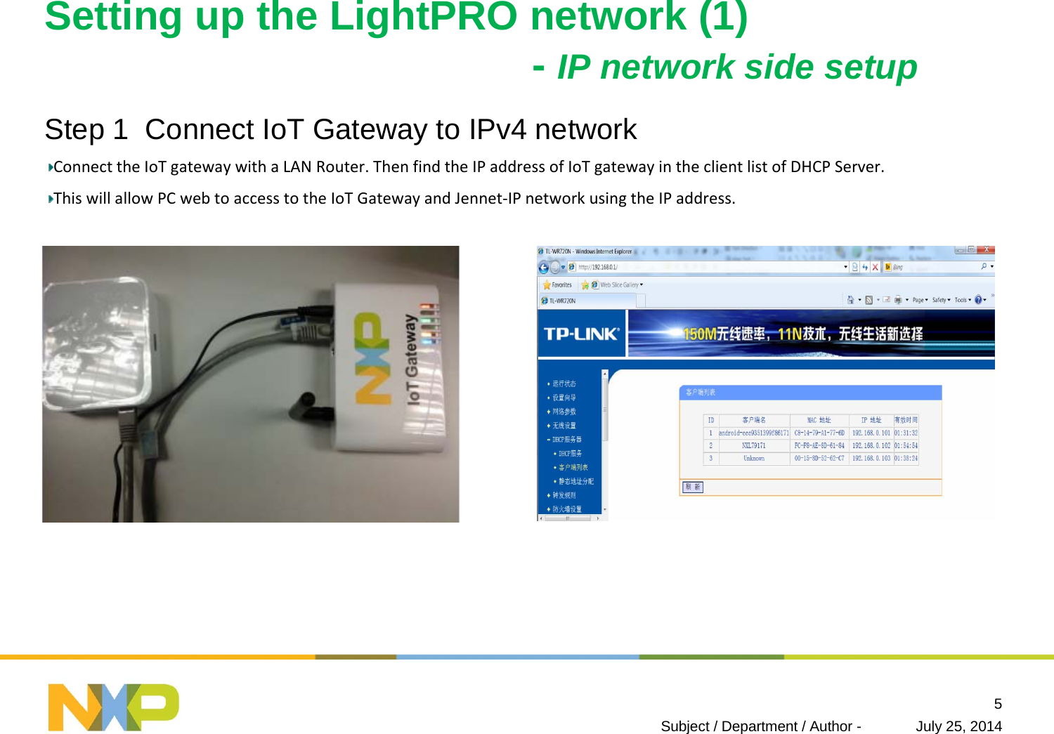 Setting up the LightPRO network (1)-IP network side setupStep 1  Connect IoT Gateway to IPv4 network ConnecttheIoTgatewaywithaLANRouter.ThenfindtheIPaddressofIoTgatewayintheclientlistofDHCPServer.ThiswillallowPCwebtoaccesstotheIoTGatewayandJennet‐IPnetworkusingtheIPaddress.July 25, 2014Subject / Department / Author -5