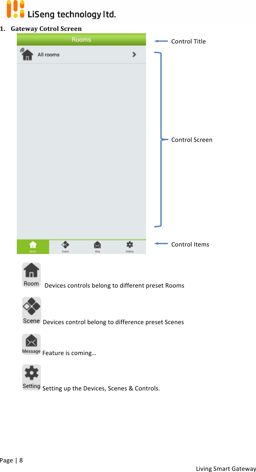 !Page!|!8!!Living!Smart!Gateway!!1. Gateway!Cotrol!Screen!!!!!!!!!!!!!!!! ! Devices!controls!belong!to!different!preset!Rooms!! !Devices!control!belong!to!difference!preset!Scenes!!! !Feature!is!coming…!! !Setting!up!the!Devices,!Scenes!&amp;!Controls.! !!!!!Control!Title!Control!Items!Control!Screen!