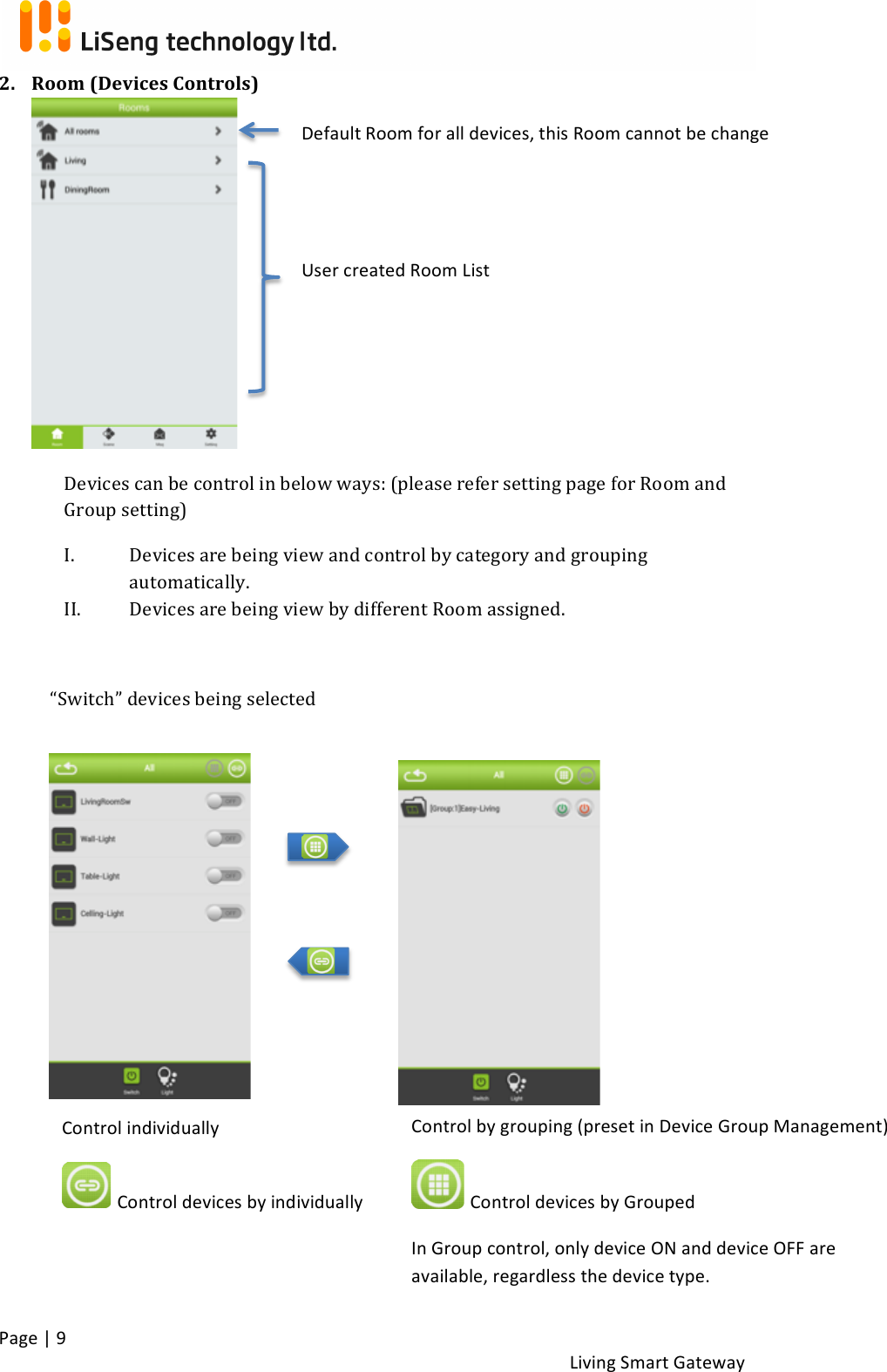 !Page!|!9!!Living!Smart!Gateway!!2. Room!(Devices!Controls)!!! ! !!!!!!!Devices!can!be!control!in!below!ways:!(please!refer!setting!page!for!Room!and!Group!setting)!I. Devices!are!being!view!and!control!by!category!and!grouping!automatically.!II. Devices!are!being!view!by!different!Room!assigned.!!“Switch”!devices!being!selected!!!!!!!!!!!!!!Default!Room!for!all!devices,!this!Room!cannot!be!change!User!created!Room!List!Control!individually!!Control!devices!by!individually!Control!by!grouping!(preset!in!Device!Group!Management)!!Control!devices!by!Grouped!In!Group!control,!only!device!ON!and!device!OFF!are!available,!regardless!the!device!type.!!!