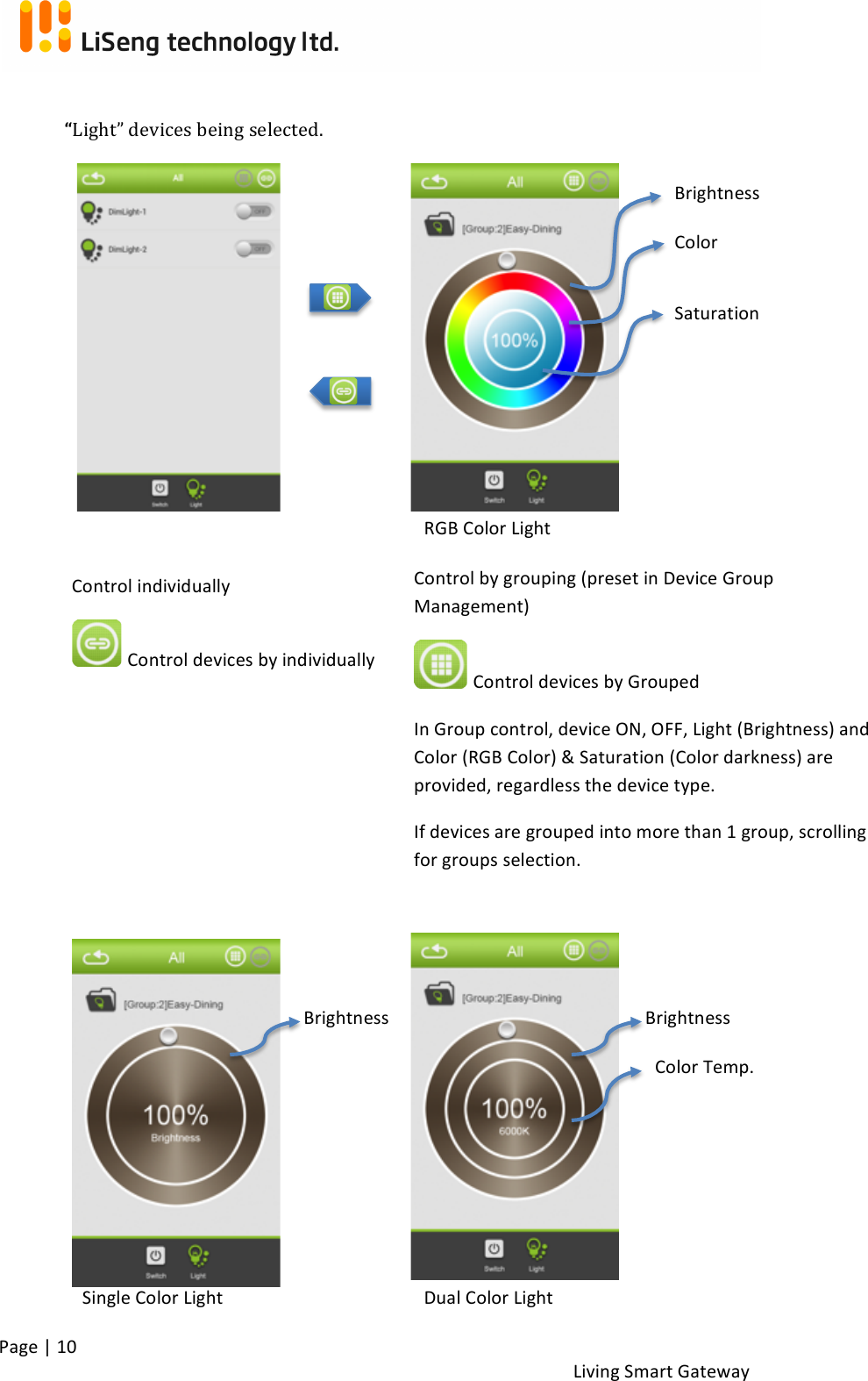 !Page!|!10!!Living!Smart!Gateway!!!“Light”!devices!being!selected.!! !!! !!!!!!!!!!!!!!! !!!Control!individually!!Control!devices!by!individually!Control!by!grouping!(preset!in!Device!Group!Management)!!Control!devices!by!Grouped!In!Group!control,!device!ON,!OFF,!Light!(Brightness)!and!Color!(RGB!Color)!&amp;!Saturation!(Color!darkness)!are!provided,!regardless!the!device!type.!If!devices!are!grouped!into!more!than!1!group,!scrolling!for!groups!selection.!Brightness!Color!Saturation!Single!Color!Light!Dual!Color!Light!RGB!Color!Light!Brightness!Brightness!Color!Temp.!