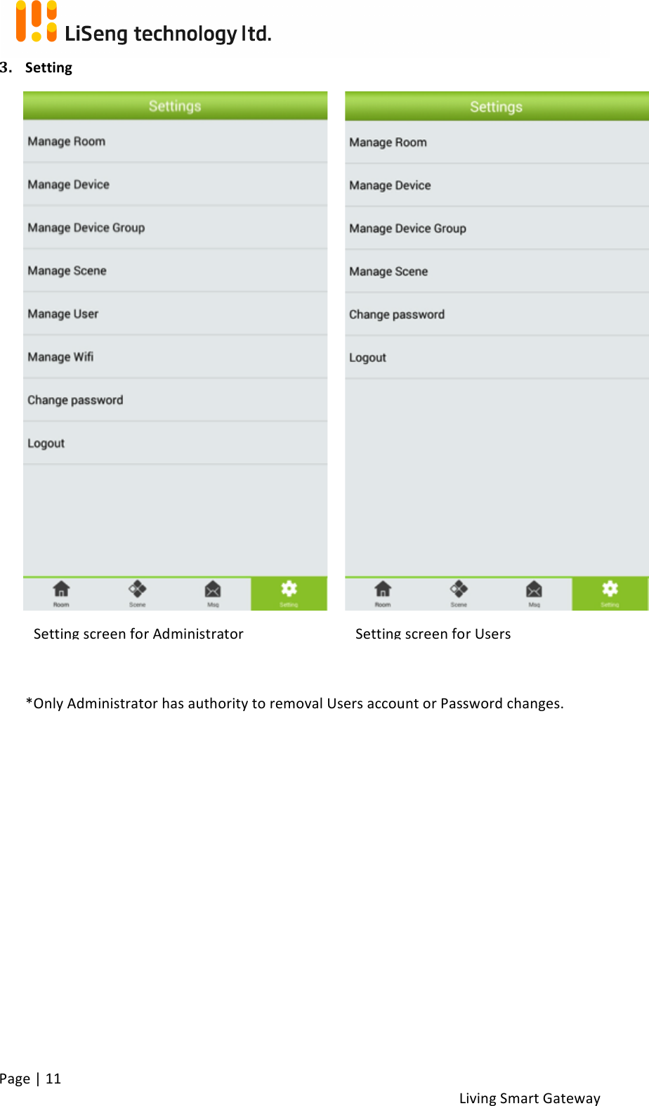 !Page!|!11!!Living!Smart!Gateway!!3. Setting&apos;!!!!*Only!Administrator!has!authority!to!removal!Users!account!or!Password!changes.!!!!!!!!!! !!!!!Setting!screen!for!Administrator!!Setting!screen!for!Users!!