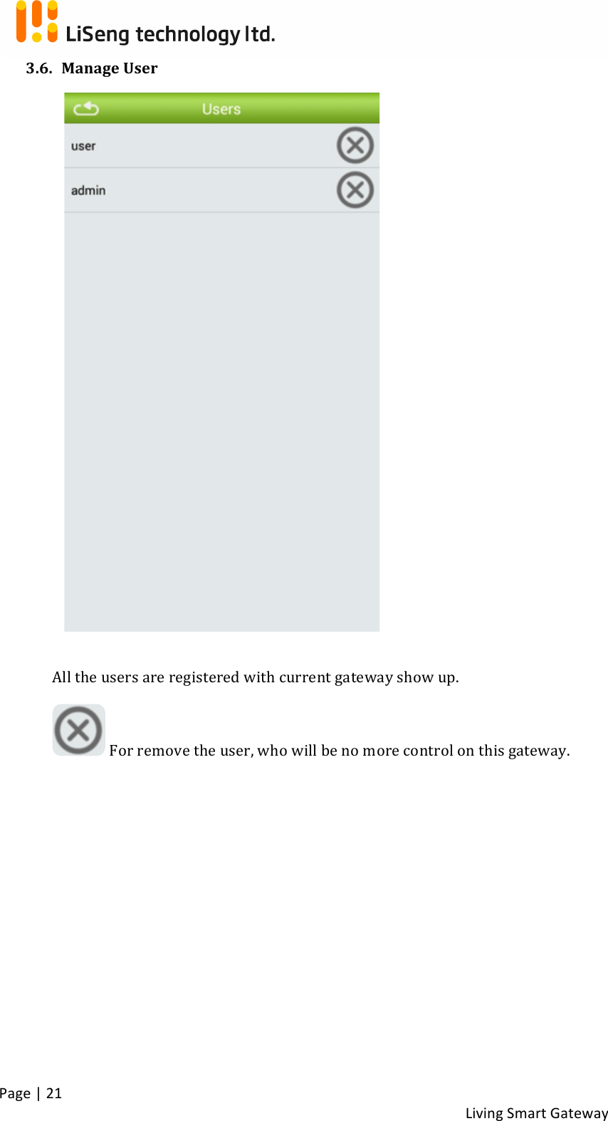 !Page!|!21!!Living!Smart!Gateway!!3.6. !Manage!User!!!!!!!!!!!!!!!!!!!!!!!!!!!!All!the!users!are!registered!with!current!gateway!show!up.!! !For!remove!the!user,!who!will!be!no!more!control!on!this!gateway.!!!!!!!!! !