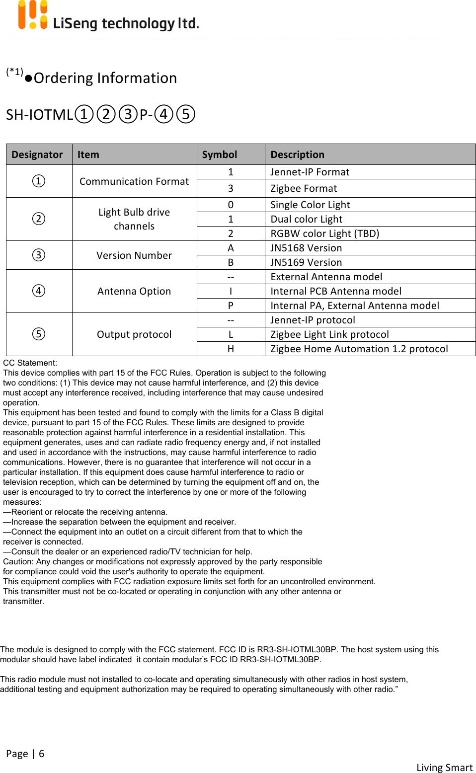Living!Smart!Page!|!6!(*1)●Ordering!Information!SH-IOTML①②③P-④⑤!Designator$Item$Symbol$Description$①Communication!Format1!Jennet-IP!Format!3!Zigbee!Format!②!Light!Bulb!drive!channels!0!Single!Color!Light!1!Dual!color!Light!2!RGBW!color!Light!(TBD)!③!Version!Number!A!JN5168!Version!B!JN5169!Version!④!Antenna!Option!--!External!Antenna!model!I!Internal!PCB!Antenna!model!P!Internal!PA,!External!Antenna!model!⑤!Output!protocol!--!Jennet-IP!protocol!L!Zigbee!Light!Link!protocol!H!Zigbee!Home!Automation!1.2!protocol!CC Statement:This device complies with part 15 of the FCC Rules. Operation is subject to the followingtwo conditions: (1) This device may not cause harmful interference, and (2) this devicemust accept any interference received, including interference that may cause undesiredoperation.This equipment has been tested and found to comply with the limits for a Class B digitaldevice, pursuant to part 15 of the FCC Rules. These limits are designed to providereasonable protection against harmful interference in a residential installation. Thisequipment generates, uses and can radiate radio frequency energy and, if not installedand used in accordance with the instructions, may cause harmful interference to radiocommunications. However, there is no guarantee that interference will not occur in aparticular installation. If this equipment does cause harmful interference to radio ortelevision reception, which can be determined by turning the equipment off and on, theuser is encouraged to try to correct the interference by one or more of the followingmeasures:—Reorient or relocate the receiving antenna.—Increase the separation between the equipment and receiver.—Connect the equipment into an outlet on a circuit different from that to which thereceiver is connected.—Consult the dealer or an experienced radio/TV technician for help.Caution: Any changes or modifications not expressly approved by the party responsiblefor compliance could void the user&apos;s authority to operate the equipment.This equipment complies with FCC radiation exposure limits set forth for an uncontrolled environment.This transmitter must not be co-located or operating in conjunction with any other antenna ortransmitter.The module is designed to comply with the FCC statement. FCC ID is RR3-SH-IOTML30BP. The host system using this modular should have label indicated  it contain modular’s FCC ID RR3-SH-IOTML30BP.This radio module must not installed to co-locate and operating simultaneously with other radios in host system, additional testing and equipment authorization may be required to operating simultaneously with other radio.”