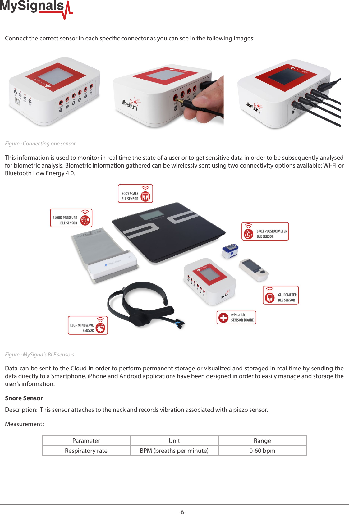 -6-Connect the correct sensor in each specic connector as you can see in the following images:Figure : Connecting one sensorThis information is used to monitor in real time the state of a user or to get sensitive data in order to be subsequently analysed for biometric analysis. Biometric information gathered can be wirelessly sent using two connectivity options available: Wi-Fi or Bluetooth Low Energy 4.0.Figure : MySignals BLE sensorsData can be sent to the Cloud in order to perform permanent storage or visualized and storaged in real time by sending the data directly to a Smartphone. iPhone and Android applications have been designed in order to easily manage and storage the user’s information.Snore SensorDescription:  This sensor attaches to the neck and records vibration associated with a piezo sensor.Measurement:Parameter Unit RangeRespiratory rate BPM (breaths per minute) 0-60 bpm