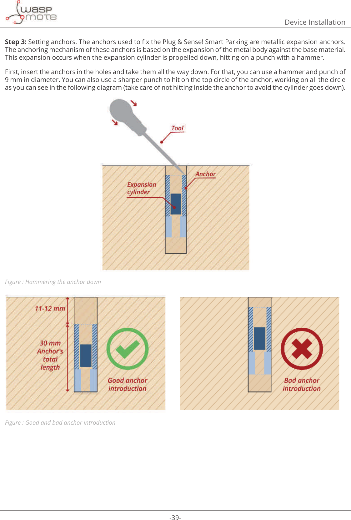 -39-Device InstallationStep 3:6HWWLQJDQFKRUV7KHDQFKRUVXVHGWRȴ[WKH3OXJ6HQVH6PDUW3DUNLQJDUHPHWDOOLFH[SDQVLRQDQFKRUVThe anchoring mechanism of these anchors is based on the expansion of the metal body against the base material. This expansion occurs when the expansion cylinder is propelled down, hitting on a punch with a hammer. First, insert the anchors in the holes and take them all the way down. For that, you can use a hammer and punch of 9 mm in diameter. You can also use a sharper punch to hit on the top circle of the anchor, working on all the circle as you can see in the following diagram (take care of not hitting inside the anchor to avoid the cylinder goes down).Figure : Hammering the anchor downFigure : Good and bad anchor introduction