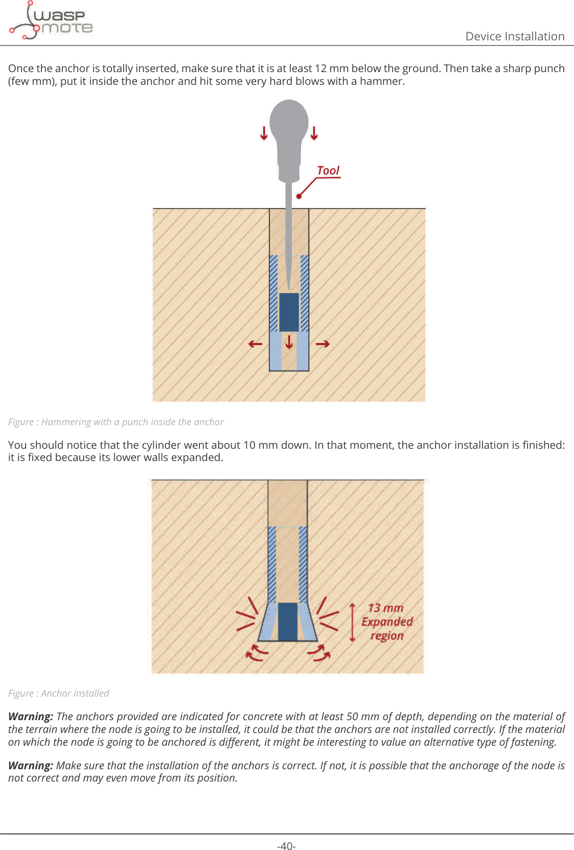 -40-Device InstallationOnce the anchor is totally inserted, make sure that it is at least 12 mm below the ground. Then take a sharp punch (few mm), put it inside the anchor and hit some very hard blows with a hammer.Figure : Hammering with a punch inside the anchor&lt;RXVKRXOGQRWLFHWKDWWKHF\OLQGHUZHQWDERXWPPGRZQΖQWKDWPRPHQWWKHDQFKRULQVWDOODWLRQLVȴQLVKHGLWLVȴ[HGEHFDXVHLWVORZHUZDOOVH[SDQGHGFigure : Anchor installedWarning: The anchors provided are indicated for concrete with at least 50 mm of depth, depending on the material of the terrain where the node is going to be installed, it could be that the anchors are not installed correctly. If the material RQZKLFKWKHQRGHLVJRLQJWREHDQFKRUHGLVGL΍HUHQWLWPLJKWEHLQWHUHVWLQJWRYDOXHDQDOWHUQDWLYHW\SHRIIDVWHQLQJWarning: Make sure that the installation of the anchors is correct. If not, it is possible that the anchorage of the node is not correct and may even move from its position.