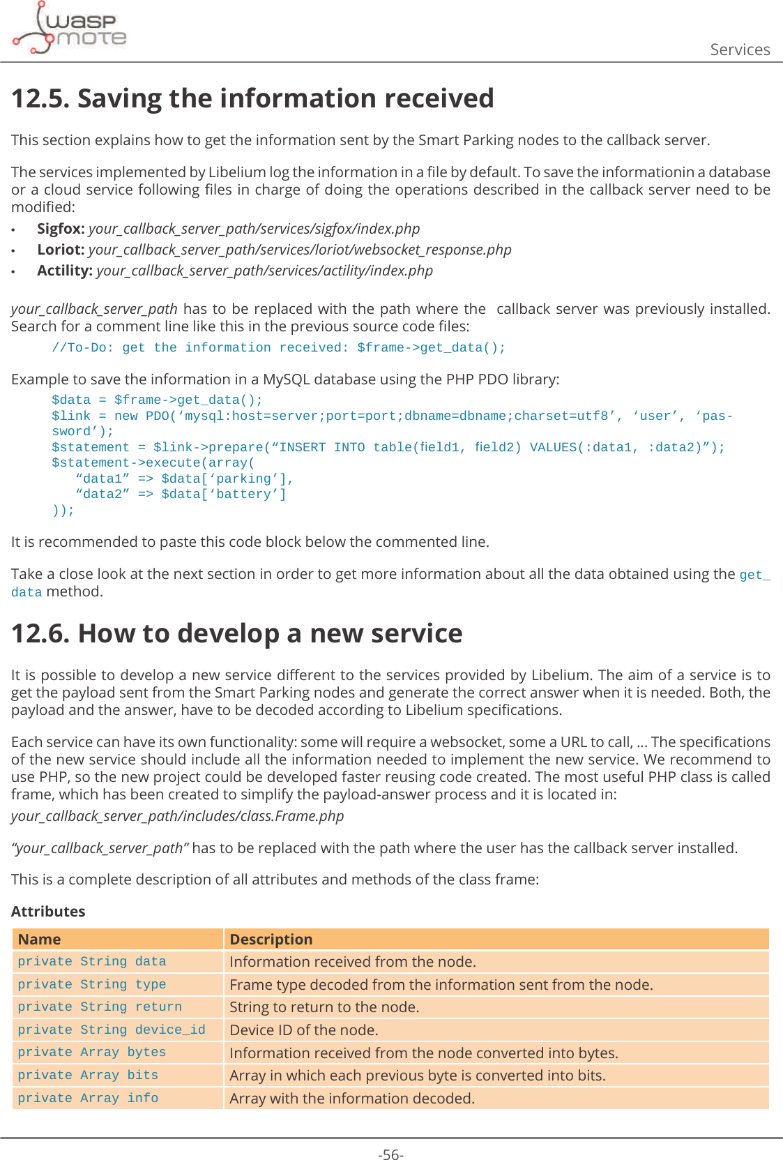-56-Services12.5. Saving the information receivedThis section explains how to get the information sent by the Smart Parking nodes to the callback server.7KHVHUYLFHVLPSOHPHQWHGE\/LEHOLXPORJWKHLQIRUPDWLRQLQDȴOHE\GHIDXOW7RVDYHWKHLQIRUPDWLRQLQDGDWDEDVHRUDFORXGVHUYLFHIROORZLQJȴOHVLQFKDUJHRIGRLQJWKHRSHUDWLRQVGHVFULEHGLQWKHFDOOEDFNVHUYHUQHHGWREHPRGLȴHG •Sigfox: your_callback_server_path/services/sigfox/index.php •Loriot: your_callback_server_path/services/loriot/websocket_response.php •Actility: your_callback_server_path/services/actility/index.phpyour_callback_server_path has to be replaced with the path where the  callback server was previously installed. 6HDUFKIRUDFRPPHQWOLQHOLNHWKLVLQWKHSUHYLRXVVRXUFHFRGHȴOHV//To-Do: get the information received: $frame-&gt;get_data();([DPSOHWRVDYHWKHLQIRUPDWLRQLQD0\64/GDWDEDVHXVLQJWKH3+33&apos;2OLEUDU\$data = $frame-&gt;get_data();OLQN QHZ3&apos;2ߕP\VTOKRVW VHUYHUSRUW SRUWGEQDPH GEQDPHFKDUVHW XWIߖߕXVHUߖߕSDV-sword’);VWDWHPHQW OLQN!SUHSDUHߙ,16(57,172WDEOHࢱHOGࢱHOG9$/8(6GDWDGDWDߚ$statement-&gt;execute(array(ߙGDWDߚ !GDWD&gt;ߕSDUNLQJߖ@ߙGDWDߚ !GDWD&gt;ߕEDWWHU\ߖ@));It is recommended to paste this code block below the commented line.Take a close look at the next section in order to get more information about all the data obtained using the get_data method.12.6. How to develop a new serviceΖWLVSRVVLEOHWRGHYHORSDQHZVHUYLFHGL΍HUHQWWRWKHVHUYLFHVSURYLGHGE\/LEHOLXP7KHDLPRIDVHUYLFHLVWRget the payload sent from the Smart Parking nodes and generate the correct answer when it is needed. Both, the SD\ORDGDQGWKHDQVZHUKDYHWREHGHFRGHGDFFRUGLQJWR/LEHOLXPVSHFLȴFDWLRQV(DFKVHUYLFHFDQKDYHLWVRZQIXQFWLRQDOLW\VRPHZLOOUHTXLUHDZHEVRFNHWVRPHD85/WRFDOOȐ7KHVSHFLȴFDWLRQVof the new service should include all the information needed to implement the new service. We recommend to use PHP, so the new project could be developed faster reusing code created. The most useful PHP class is called frame, which has been created to simplify the payload-answer process and it is located in:your_callback_server_path/includes/class.Frame.php“your_callback_server_path” has to be replaced with the path where the user has the callback server installed. This is a complete description of all attributes and methods of the class frame:AttributesName Descriptionprivate String data Information received from the node.private String type Frame type decoded from the information sent from the node.private String return String to return to the node.private String device_id Device ID of the node.private Array bytes Information received from the node converted into bytes.private Array bits Array in which each previous byte is converted into bits.private Array info Array with the information decoded. 