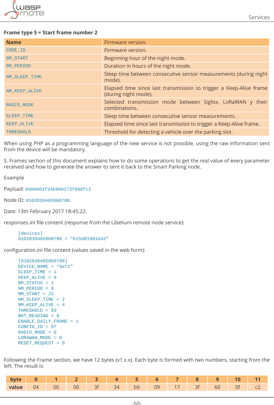 -60-ServicesFrame type 5 = Start frame number 2Name Firmware version.CODE_ID Firmware version.NM_START Beginning hour of the night mode.NM_PERIOD Duration in hours of the night mode.NM_SLEEP_TIME Sleep time between consecutive sensor measurements (during night mode).NM_KEEP_ALIVE Elapsed  time  since  last  transmission  to  trigger  a  Keep-Alive  frame (during night mode).RADIO_MODE Selected  transmission  mode  between  Sigfox,  LoRaWAN  y  their combinations.SLEEP_TIME Sleep time between consecutive sensor measurements.KEEP_ALIVE Elapsed time since last transmission to trigger a Keep-Alive frame.THRESHOLD Threshold for detecting a vehicle over the parking slot.When using PHP as a programming language of the new service is not possible, using the raw information sent from the device will be mandatory.S. Frames section of this document explains how to do some operations to get the real value of every parameter received and how to generate the answer to sent it back to the Smart Parking node.Example Payload: 0400003f34b909173f600fc2 Node ID: 0102030405060708. Date: 13th February 2017 18:45:22. UHVSRQVHVLQLȴOHFRQWHQWUHVSRQVHIURPWKH/LEHOLXPUHPRWHQRGHVHUYLFH[devices] ߙGߚFRQȴJXUDWLRQLQLȴOHFRQWHQWYDOXHVVDYHGLQWKHZHEIRUP[0102030405060708]&apos;(9,&amp;(B1$0( ߙ6HWߚSLEEP_TIME = 1KEEP_ALIVE = 910B67$786 NM_PERIOD = 9NM_START = 22NM_SLEEP_TIME = 2NM_KEEP_ALIVE = 4THRESHOLD = 93BAT_READING = 0ENABLE_DAILY_FRAME = 1CONFIG_ID = 97RADIO_MODE = 0LORAWAN_MODE = 05(6(7B5(48(67 Following the Frame section, we have 12 bytes (v1.x.x). Each byte is formed with two numbers, starting from the left. The result is:byte 0 1 2 3 4 5 6 7 8 9 10 11value 04 00 00 3f 34 b9 09 17 3f 60 0f c2