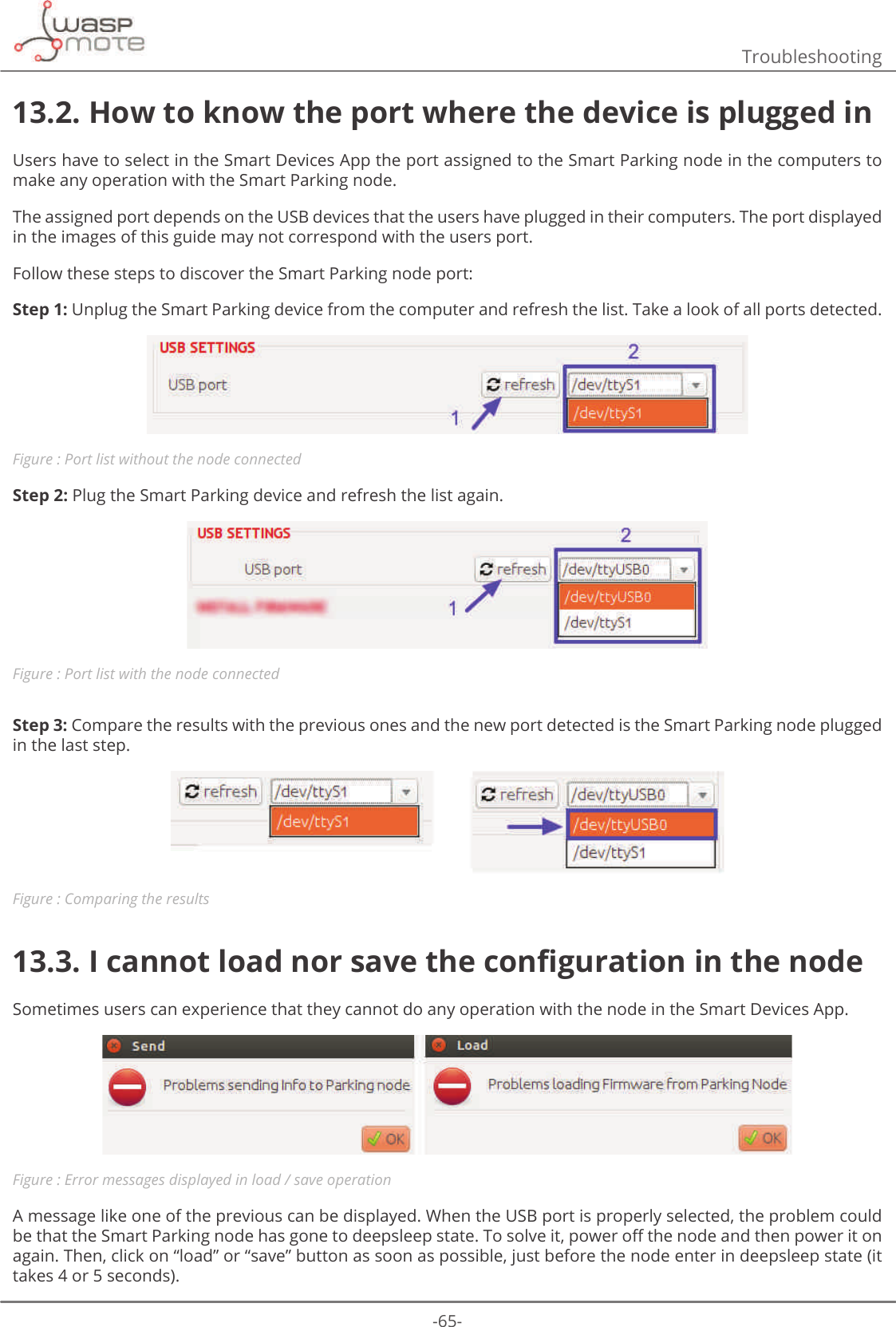 -65-Troubleshooting13.2. How to know the port where the device is plugged inUsers have to select in the Smart Devices App the port assigned to the Smart Parking node in the computers to make any operation with the Smart Parking node. The assigned port depends on the USB devices that the users have plugged in their computers. The port displayed in the images of this guide may not correspond with the users port. Follow these steps to discover the Smart Parking node port: Step 1: Unplug the Smart Parking device from the computer and refresh the list. Take a look of all ports detected.Figure : Port list without the node connectedStep 2: Plug the Smart Parking device and refresh the list again.Figure : Port list with the node connectedStep 3: Compare the results with the previous ones and the new port detected is the Smart Parking node plugged in the last step.Figure : Comparing the results13.3. ΖFDQQRWORDGQRUVDYHWKHFRQȴJXUDWLRQLQWKHQRGHSometimes users can experience that they cannot do any operation with the node in the Smart Devices App.Figure : Error messages displayed in load / save operationA message like one of the previous can be displayed. When the USB port is properly selected, the problem could EHWKDWWKH6PDUW3DUNLQJQRGHKDVJRQHWRGHHSVOHHSVWDWH7RVROYHLWSRZHUR΍WKHQRGHDQGWKHQSRZHULWRQagain. Then, click on “load” or “save” button as soon as possible, just before the node enter in deepsleep state (it takes 4 or 5 seconds).