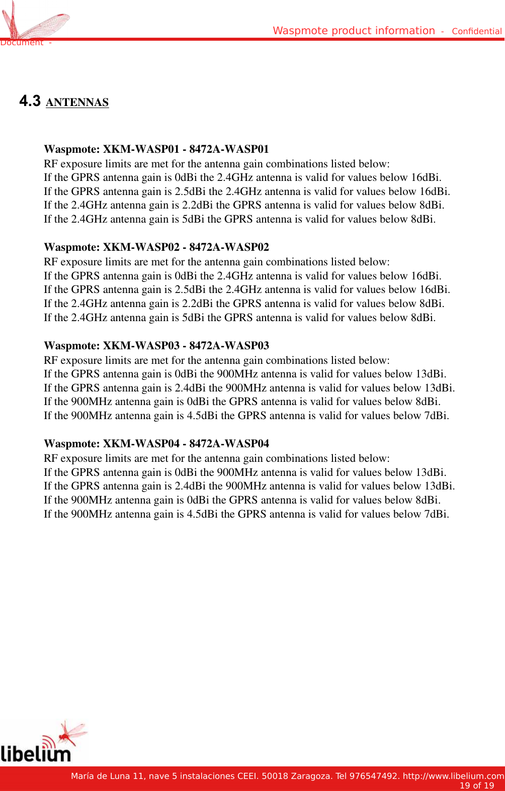Waspmote product information  -   Condential Document  - 4.3 ANTENNASWaspmote: XKM-WASP01 - 8472A-WASP01RF exposure limits are met for the antenna gain combinations listed below:If the GPRS antenna gain is 0dBi the 2.4GHz antenna is valid for values below 16dBi.If the GPRS antenna gain is 2.5dBi the 2.4GHz antenna is valid for values below 16dBi.If the 2.4GHz antenna gain is 2.2dBi the GPRS antenna is valid for values below 8dBi.If the 2.4GHz antenna gain is 5dBi the GPRS antenna is valid for values below 8dBi.Waspmote: XKM-WASP02 - 8472A-WASP02RF exposure limits are met for the antenna gain combinations listed below:If the GPRS antenna gain is 0dBi the 2.4GHz antenna is valid for values below 16dBi.If the GPRS antenna gain is 2.5dBi the 2.4GHz antenna is valid for values below 16dBi.If the 2.4GHz antenna gain is 2.2dBi the GPRS antenna is valid for values below 8dBi.If the 2.4GHz antenna gain is 5dBi the GPRS antenna is valid for values below 8dBi.Waspmote: XKM-WASP03 - 8472A-WASP03RF exposure limits are met for the antenna gain combinations listed below:If the GPRS antenna gain is 0dBi the 900MHz antenna is valid for values below 13dBi.If the GPRS antenna gain is 2.4dBi the 900MHz antenna is valid for values below 13dBi.If the 900MHz antenna gain is 0dBi the GPRS antenna is valid for values below 8dBi.If the 900MHz antenna gain is 4.5dBi the GPRS antenna is valid for values below 7dBi.Waspmote: XKM-WASP04 - 8472A-WASP04RF exposure limits are met for the antenna gain combinations listed below:If the GPRS antenna gain is 0dBi the 900MHz antenna is valid for values below 13dBi.If the GPRS antenna gain is 2.4dBi the 900MHz antenna is valid for values below 13dBi.If the 900MHz antenna gain is 0dBi the GPRS antenna is valid for values below 8dBi.If the 900MHz antenna gain is 4.5dBi the GPRS antenna is valid for values below 7dBi.   María de Luna 11, nave 5 instalaciones CEEI. 50018 Zaragoza. Tel 976547492. http://www.libelium.com19 of 19    