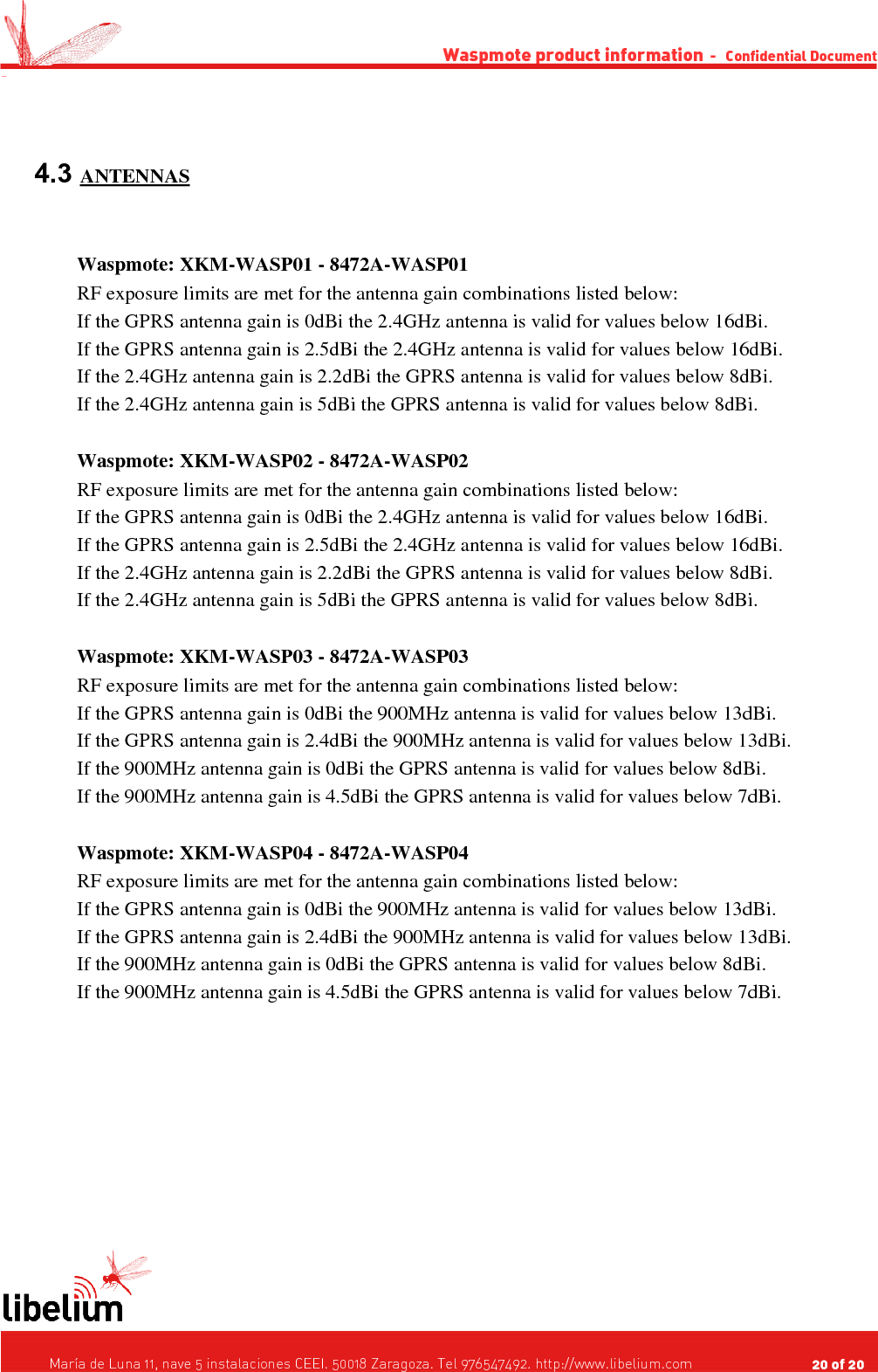Waspmote product information  -   Confidential Document - 4.3 ANTENNAS   Waspmote: XKM-WASP01 - 8472A-WASP01RF exposure limits are met for the antenna gain combinations listed below:If the GPRS antenna gain is 0dBi the 2.4GHz antenna is valid for values below 16dBi.If the GPRS antenna gain is 2.5dBi the 2.4GHz antenna is valid for values below 16dBi.If the 2.4GHz antenna gain is 2.2dBi the GPRS antenna is valid for values below 8dBi.If the 2.4GHz antenna gain is 5dBi the GPRS antenna is valid for values below 8dBi.Waspmote: XKM-WASP02 - 8472A-WASP02RF exposure limits are met for the antenna gain combinations listed below:If the GPRS antenna gain is 0dBi the 2.4GHz antenna is valid for values below 16dBi.If the GPRS antenna gain is 2.5dBi the 2.4GHz antenna is valid for values below 16dBi.If the 2.4GHz antenna gain is 2.2dBi the GPRS antenna is valid for values below 8dBi.If the 2.4GHz antenna gain is 5dBi the GPRS antenna is valid for values below 8dBi.Waspmote: XKM-WASP03 - 8472A-WASP03RF exposure limits are met for the antenna gain combinations listed below:If the GPRS antenna gain is 0dBi the 900MHz antenna is valid for values below 13dBi.If the GPRS antenna gain is 2.4dBi the 900MHz antenna is valid for values below 13dBi.If the 900MHz antenna gain is 0dBi the GPRS antenna is valid for values below 8dBi.If the 900MHz antenna gain is 4.5dBi the GPRS antenna is valid for values below 7dBi.Waspmote: XKM-WASP04 - 8472A-WASP04RF exposure limits are met for the antenna gain combinations listed below:If the GPRS antenna gain is 0dBi the 900MHz antenna is valid for values below 13dBi.If the GPRS antenna gain is 2.4dBi the 900MHz antenna is valid for values below 13dBi.If the 900MHz antenna gain is 0dBi the GPRS antenna is valid for values below 8dBi.If the 900MHz antenna gain is 4.5dBi the GPRS antenna is valid for values below 7dBi.   María de Luna 11, nave 5 instalaciones CEEI. 50018 Zaragoza. Tel 976547492. http://www.libelium.com                                     20 of 20    