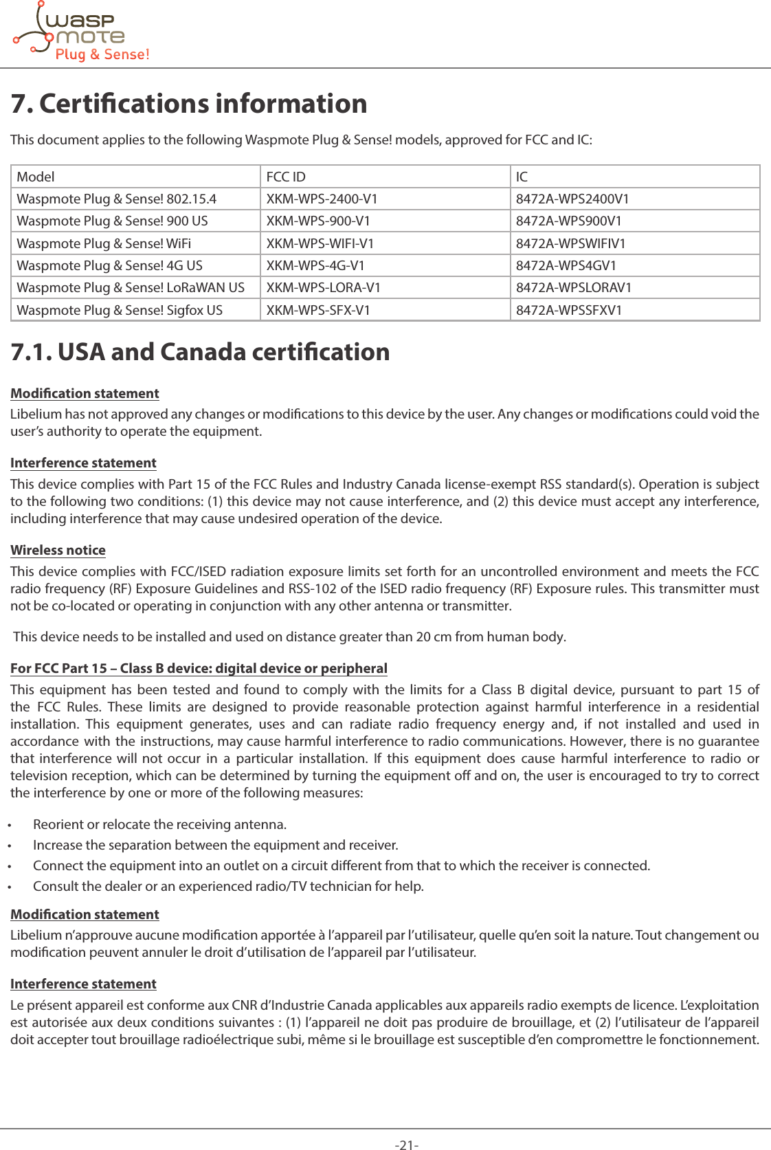 -21-7. Certications informationThis document applies to the following Waspmote Plug &amp; Sense! models, approved for FCC and IC:Model  FCC ID ICWaspmote Plug &amp; Sense! 802.15.4 XKM-WPS-2400-V1 8472A-WPS2400V1Waspmote Plug &amp; Sense! 900 US XKM-WPS-900-V1 8472A-WPS900V1Waspmote Plug &amp; Sense! WiFi XKM-WPS-WIFI-V1 8472A-WPSWIFIV1Waspmote Plug &amp; Sense! 4G US XKM-WPS-4G-V1 8472A-WPS4GV1Waspmote Plug &amp; Sense! LoRaWAN US XKM-WPS-LORA-V1 8472A-WPSLORAV1Waspmote Plug &amp; Sense! Sigfox US XKM-WPS-SFX-V1 8472A-WPSSFXV17.1. USA and Canada certication Modication statementLibelium has not approved any changes or modications to this device by the user. Any changes or modications could void the user’s authority to operate the equipment. Interference statementThis device complies with Part 15 of the FCC Rules and Industry Canada license-exempt RSS standard(s). Operation is subject to the following two conditions: (1) this device may not cause interference, and (2) this device must accept any interference, including interference that may cause undesired operation of the device. Wireless noticeThis device complies with FCC/ISED radiation exposure limits set forth for an uncontrolled environment and meets the FCC radio frequency (RF) Exposure Guidelines and RSS‐102 of the ISED radio frequency (RF) Exposure rules. This transmitter must not be co-located or operating in conjunction with any other antenna or transmitter. This device needs to be installed and used on distance greater than 20 cm from human body.For FCC Part 15 – Class B device: digital device or peripheralThis equipment has been tested and found to comply with the limits for a Class B digital device, pursuant to part 15 of the  FCC  Rules.  These  limits  are  designed  to  provide  reasonable  protection  against  harmful  interference  in  a  residential installation.  This  equipment  generates,  uses  and  can  radiate  radio  frequency  energy  and,  if  not  installed  and  used  in accordance with the instructions, may cause harmful interference to radio communications. However, there is no guarantee that  interference  will  not  occur  in  a  particular  installation.  If  this  equipment  does  cause  harmful  interference  to  radio  or television reception, which can be determined by turning the equipment off and on, the user is encouraged to try to correct the interference by one or more of the following measures:  • Reorient or relocate the receiving antenna. • Increase the separation between the equipment and receiver. • Connect the equipment into an outlet on a circuit dierent from that to which the receiver is connected. • Consult the dealer or an experienced radio/TV technician for help.Modication statementLibelium n’approuve aucune modication apportée à l’appareil par l’utilisateur, quelle qu’en soit la nature. Tout changement ou modication peuvent annuler le droit d’utilisation de l’appareil par l’utilisateur. Interference statementLe présent appareil est conforme aux CNR d’Industrie Canada applicables aux appareils radio exempts de licence. L’exploitation est autorisée aux deux conditions suivantes : (1) l’appareil ne doit pas produire de brouillage, et (2) l’utilisateur de l’appareil doit accepter tout brouillage radioélectrique subi, même si le brouillage est susceptible d’en compromettre le fonctionnement. 