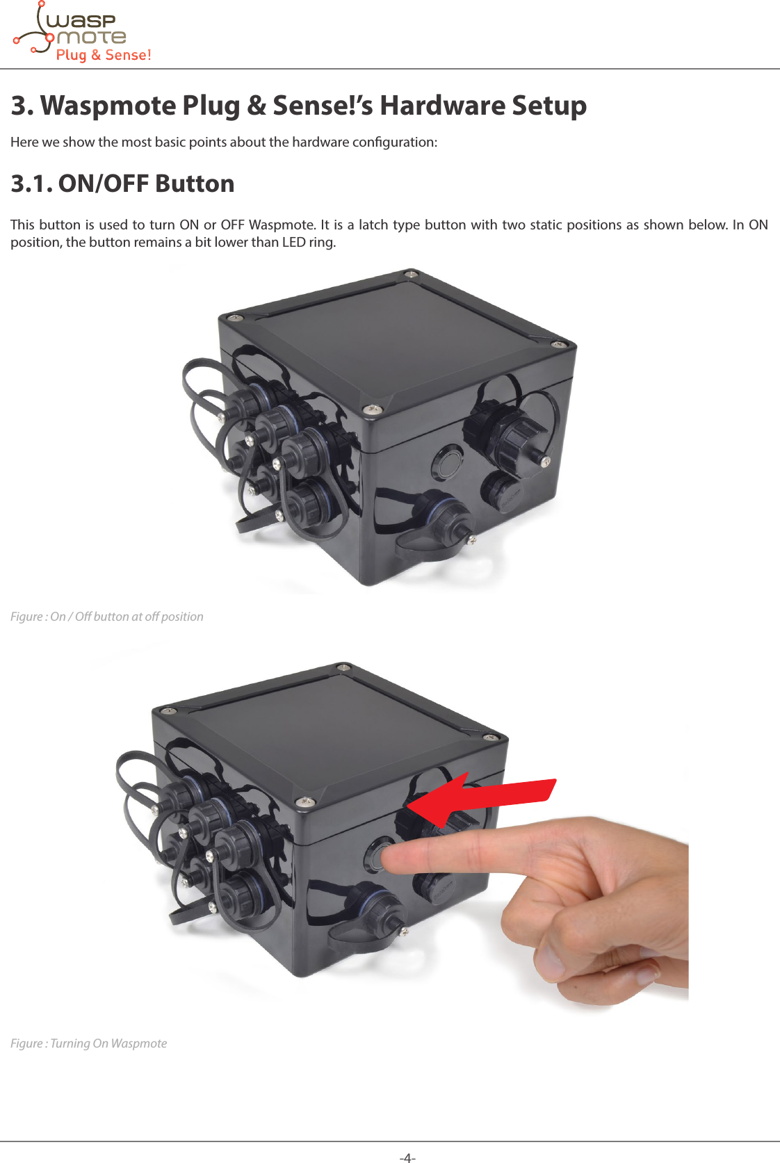 -4-3. Waspmote Plug & Sense!’s Hardware SetupHere we show the most basic points about the hardware conguration: 3.1. ON/OFF Button This button is used to turn ON or OFF Waspmote. It is a latch type button with two static positions as shown below. In ON position, the button remains a bit lower than LED ring.Figure : On / O button at o positionFigure : Turning On Waspmote
