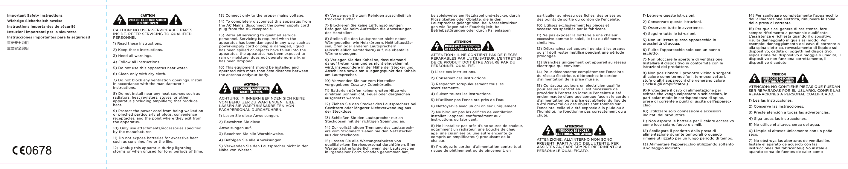 Front9）請保護好電源線，避免被踩踏或擠壓，也不可拉扯插頭、插座及產品的出線處。10）請務必使用製造商所指定的配件或附件。11）請勿將電池暴露於過熱的環境下，如陽光，火等。如果電池被不正確的更換,會有爆炸的危險。如果需要更換，只可以更換同種型號的電池或者由製造商所建議的型號的電池。請按照製造商的要求處理更換下來的電池。12）雷雨期間或長期不使用本產品時，請將電源插頭拔下。13）請務必連接指定電壓範圍內的電源。14）本產品不使用AC電源時，請將電源線從插座拔除。15）所有維修事宜請洽我們的專業維修人員。產品若有任何損壞，應予以維修，如電源線或插頭損壞，液體濺入或物體掉入產品，產品被雨淋或受潮，不能正常工作，或從高處摔落。FCC STATEMENT:Federal Communication Commission Interference Statement. This equipment has been tested and found to comply with the limits for a Class B digital device, pursuant to Part 15 of the FCC Rules. These limits are designed to provide reasonable protection against harmful interference in a residential installation. This equipment generates, uses and can radiate radio frequency energy and, if not installed and used in accordance with the instructions, may cause harmful interference to radio communications. However, there is no guarantee that interference will not occur in a particular installation. If this equipment does cause harmful interference to radio or television reception, which can be determined by turning the equipment o and on, the user is encouraged to try to correct the interference by one of the following measures:&bull; Reorient or relocate the receiving antenna.&bull; Increase the separation between the equipment and receiver.&bull; Connect the equipment into an outlet on a circuit di erent from that to which the receiver is connected.&bull; Consult the dealer or an experienced radio/TV technician for help.FCC CAUTION: Any changes or modiﬁcations not expressly approved by the party responsible for compliance could void the user&rsquo;s authority to operate this equipment.This device complies with Part 15 of the FCC Rules. Operation is subject to the following two CAUTION: NO USER-SERVICEABLE PARTS INSIDE. REFER SERVICING TO QUALIFIED PERSONNEL1) Read these instructions.2) Keep these instructions.3) Heed all warnings.4) Follow all instructions.5) Do not use this apparatus near water.6) Clean only with dry cloth.7) Do not block any ventilation openings. Install in accordance with the manufacturer&rsquo;s instructions.8) Do not install near any heat sources such as radiators, heat registers, stoves, or other apparatus (including ampliﬁers) that produce heat.9) Protect the power cord from being walked on or pinched particularly at plugs, convenience receptacles, and the point where they exit from the apparatus.10) Only use attachments/accessories speciﬁed by the manufacturer.11) Do not expose batteries for excessive heat such as sunshine, ﬁre or the like.12) Unplug this apparatus during lightning storms or when unused for long periods of time.注意：请勿打开本产品的外壳，以免造成电击，且使用者无需用到内部零件。维修事宜请 洽合格的维修人员。1）请详细阅读本安全指南。2）请保存本安全指南。3）请注意所有警告。4）请遵守所有指示。5）请勿在水附近使用本产品。6）请只用干布清洁本产品。7）请勿阻塞任何通风口。请根据制造商说明安装本产品。8）请勿安装在任何热源附近，如：暖气片、热风调节器、火灶或其他产生热量的扬声器（包括放大器）。9）请保护好电源线，避免被踩踏或挤压，也不可拉扯插头、插座及产品的出线处。10）请务必使用制造商所指定的配件或附件。11）请勿将电池暴露于过热的环境下，如阳光，火等。如果电池被不正确的更换，会有爆炸的危险。如果需要更换，只可以更换同种型号的电池或者由制造商所建议的型号的电池。请按照制造商的要求处理更换下来的电池。12）雷雨期间或长期不使用本产品时，请将电源插头拔下。13) Connect only to the proper mains voltage.14) To completely disconnect this apparatus from the AC Mains, disconnect the power supply cord plug from the AC receptacle.15) Refer all servicing to qualiﬁed service personnel. Servicing is required when the apparatus has been damaged in any way, such as power-supply cord or plug is damaged, liquid has been spilled or objects have fallen into the apparatus, the apparatus has been exposed to rain or moisture, does not operate normally, or has been dropped.16) This equipment should be installed and operated with more than 3cm distance between the antenna andyour body.ACHTUNG: IM INNERN BEFINDEN SICH KEINE VOM BENUTZER ZU WARTENDEN TEILE. LASSEN SIE WARTUNGSARBEITEN VON FACHPERSONAL DURCHF&Uuml;HREN.1) Lesen Sie diese Anweisungen.2) Bewahren Sie dieseAnweisungen auf.3) Beachten Sie alle Warnhinweise.4) Befolgen Sie alle Anweisungen.5) Verwenden Sie den Lautsprecher nicht in der N&auml;he von Wasser.6) Verwenden Sie zum Reinigen ausschlie&szlig;lich trockene Tücher.7) Blockieren Sie keine Lüftungs&ouml; nungen. Befolgen Sie beim Aufstellen die Anweisungen des Herstellers.8) Stellen Sie den Lautsprecher nicht neben W&auml;rmequellen wie Heizk&ouml;rpern, Hei&szlig;luftausl&auml;s-sen, &Ouml;fen oder anderen Lautsprechern (einschlie&szlig;lich Verst&auml;rkern) auf, die ebenfalls W&auml;rme erzeugen.9) Verlegen Sie das Kabel so, dass niemand darauf treten kann und es nicht eingeklemmt wird, insbesondere in der N&auml;he der Stecker und Anschlüsse sowie am Ausgangspunkt des Kabels am Lautsprecher.10) Verwenden Sie nur vom Hersteller vorgegebene Zusatz-/ Zubeh&ouml;rteile.11) Batterien dürfen keiner gro&szlig;en Hitze wie direktem Sonnenlicht, Feuer oder dergleichen ausgesetzt werden.12) Ziehen Sie den Stecker des Lautsprechers bei Gewittern oder l&auml;ngerer Nichtverwendung aus der Steckdose.13) Schlie&szlig;en Sie den Lautsprecher nur an Steckdosen mit der richtigen Spannung an.14) Zur vollst&auml;ndigen Trennung des Lautsprech-ers vom Stromnetz ziehen Sie den Netzstecker aus der Steckdose.15) Lassen Sie alle Wartungsarbeiten von qualiﬁziertem Servicepersonal durchf&uuml;hren. Eine Wartung ist erforderlich, wenn der Lautsprecher in irgendeiner Form Schaden genommen hat, beispielsweise am Netzkabel und-stecker, durch Fl&uuml;ssigkeiten oder Objekte, die in den Lautsprecher gelangt sind, bei N&auml;sseeinwirkun-gen wie Regen oder Feuchtigkeit, bei Betriebsst&ouml;rungen oder durch Fallenlassen.ATTENTION : IL NE CONTIENT PAS DE PI&Egrave;CES R&Eacute;PARABLES PAR L&rsquo;UTILISATEUR. L&rsquo;ENTRETIEN DE CE PRODUIT DOIT &Ecirc;TRE ASSUR&Eacute; PAR DU PERSONNEL QUALIFI&Eacute;.1) Lisez ces instructions.2) Conservez ces instructions.3) Respectez scrupuleusement tous les avertissements.4) Suivez toutes les instructions.5) N&rsquo;utilisez pas l&rsquo;enceinte pr&egrave;s de l&rsquo;eau.6) Nettoyez-la avec un chi on sec uniquement.7) Ne bloquez pas les oriﬁces de ventilation. Installez l&rsquo;appareil conform&eacute;ment aux instructions du fabricant.8) Ne l&rsquo;installez pas pr&egrave;s d&rsquo;une source de chaleur, notamment un radiateur, une bouche de chau age, une cuisini&egrave;re ou une autre enceinte (y compris un ampliﬁcateur) produisant de la chaleur.9) Prot&eacute;gez le cordon d&rsquo;alimentation contre tout risque de pi&eacute;tinement ou de pincement, en particulier au niveau des ﬁches, des prises ou des points de sortie du cordon de l&rsquo;enceinte.10) Utilisez exclusivement les pi&egrave;ces et accessoires sp&eacute;ciﬁ&eacute;s par le fabricant.11) Ne pas exposer la batterie &agrave; une chaleur excessive comme le soleil, le feu ou &eacute;l&eacute;ments similaires.12) D&eacute;branchez cet appareil pendant les orages ou s&rsquo;il doit rester inutilis&eacute; pendant une p&eacute;riode prolong&eacute;e.13) Branchez uniquement cet appareil au r&eacute;seau &eacute;lectrique qui convient. 14) Pour d&eacute;connecter compl&egrave;tement l&rsquo;enceinte du r&eacute;seau &eacute;lectrique, d&eacute;branchez le cordon d&rsquo;alimentation de la prise murale.15) Contactez toujours un &eacute;lectricien qualiﬁ&eacute; pour assurer l&rsquo;entretien. Il est n&eacute;cessaire de proc&eacute;der &agrave; l&rsquo;entretien lorsque l&rsquo;enceinte a &eacute;t&eacute; endommag&eacute;e d&rsquo;une quelconque fa&ccedil;on : le cordon d&rsquo;alimentation ou la prise est ab&icirc;m&eacute;e, du liquide a &eacute;t&eacute; renvers&eacute; ou des objets sont tomb&eacute;s sur l&rsquo;enceinte, celle-ci a &eacute;t&eacute; expos&eacute;e &agrave; la pluie ou &agrave; l&rsquo;humidit&eacute;, ne fonctionne pas correctement ou a chut&eacute;.ATTENZIONE: ALL&rsquo;INTERNO NON SONO PRESENTI PARTI A USO DELL&rsquo;UTENTE. PER ASSISTENZA, FARE SEMPRE RIFERIMENTO A PERSONALE QUALIFICATO.1) Leggere queste istruzioni.2) Conservare queste istruzioni.3) Osservare tutte le avvertenze.4) Seguire tutte le istruzioni.5) Non utilizzare questo apparecchio in prossimit&agrave; di acqua.6) Pulire l&rsquo;apparecchio solo con un panno asciutto.7) Non bloccare le aperture di ventilazione. Installare il dispositivo in conformit&agrave; con le istruzioni del produttore.8) Non posizionare il prodotto vicino a sorgenti di calore come termosifoni, termoconvettori, stufe o altri apparecchi che generano calore (inclusi gli ampliﬁcatori).9) Proteggere il cavo di alimentazione per evitare che venga calpestato o schiacciato, in particolar modo in corrispondenza di spine, prese di corrente e punti di uscita dell&rsquo;apparec-chio.10) Utilizzare solo connessioni e accessori indicati dal produttore.11) Non esporre le batterie per il calore eccessivo come luce solare, fuoco o simili.12) Scollegare il prodotto dalla presa di alimentazione durante temporali o quando rimane utilizzato per un lungo periodo di tempo.13) Alimentare l&rsquo;apparecchio utilizzando soltanto il voltaggio indicato.14) Per scollegare completamente l&rsquo;apparecchio dall&rsquo;alimentazione elettrica, rimuovere la spina dalla presa di corrente. 15) Per qualsiasi genere di assistenza, fare sempre riferimento a personale qualiﬁcato. L&rsquo;assistenza &egrave; richiesta quando il dispositivo risulta danneggiato in qualsiasi modo. Per esempio: danneggiamento del cavo di corrente o alla spina elettrica, rovesciamento di liquido sul dispositivo, caduta di oggetti nel dispositivo, esposizione del dispositivo a pioggia o umidit&agrave;, il dispositivo non funziona correttamente, il dispositivo &egrave; caduto.ATENCI&Oacute;N: NO CONTIENE PIEZAS QUE PUEDAN SER REPARADAS POR EL USUARIO. CONF&Iacute;E LAS REPARACIONES A PERSONAL CUALIFICADO.1) Lea las instrucciones.2) Conserve las instrucciones.3) Preste atenci&oacute;n a todas las advertencias.4) Siga todas las instrucciones.5) No utilice el altavoz cerca del agua.6) Limpie el altavoz &uacute;nicamente con un pa&ntilde;o seco.7) No obstruya las aberturas de ventilaci&oacute;n. Instale el aparato de acuerdo con las instrucciones del fabricante8) No instale el aparato cerca de fuentes de calor como radiadores, salidas de aire, estufas u otros altavoces (incluidos los ampliﬁcadores) que emitan calor.9) Evite pisar o doblar el cable de alimentaci&oacute;n, especialmente cerca de la clavija, de las tomas de corriente y de la salida del cable en el altavoz.10) Utilice &uacute;nicamente los dispositivos y accesorios indicados por el fabricante.11) No exponga las pilas a calor excesivo como el sol, fuego o similares.12) Desconecte el altavoz si hay tormenta el&eacute;ctrica o si no tiene previsto utilizarlo durante un periodo de tiempo prolongado.13) Conecte el aparato &uacute;nicamente al voltaje adecuado.14) Para desconectar completamente el altavoz de la corriente alterna, desconecte la clavija del cable de alimentaci&oacute;n de la toma de corriente alterna. 15) Conf&iacute;e las reparaciones a servicios t&eacute;cnicos cualiﬁcados. El altavoz necesitar&aacute; ser reparado si ha sufrido alg&uacute;n da&ntilde;o: si el cable de alimentaci&oacute;n o la clavija est&aacute;n da&ntilde;ados, si se ha derramado l&iacute;quido o si han ca&iacute;do objetos dentro del aparato, si ha estado expuesto a la lluvia o a la humedad, si no funciona correctamente o si ha sufrido una ca&iacute;da. 13）请务必连接指定电压范围内的电源。14）本产品不使用AC电源时，请将电源线从插座拔出。15）所有维修事宜请洽我们的专业维修人员。产品若有任何损坏，应予以维修，如电源线或插头损坏，液体溅入或物体掉入产品，产品被雨淋或受潮，不能正常工作，或从高处摔落。注意：請勿打開本產品的外殼，以免造成電擊，且使用者無需用到內部零件。維修事宜請洽合格的維修人員。1）請詳細閱讀本安全指南。2）請保存本安全指南。3）請注意所有警告。4）請遵守所有指示。5）請勿在水源附近使用本產品。6）請只用乾布清潔本產品。7）請勿阻塞任何通風開口。請依照製造商指示安裝。8）請勿安裝在任何熱源附近，如：暖氣片、熱風調節器、火爐或其他產生熱量的揚聲器（包括擴音器）。conditions: (1) This device may not cause harmful interference, and (2) this device must accept any interference received, including interference that may cause undesired operationRF EXPOSURE WARNING                                The equipment complies with FCC RF exposure limits set forth for an uncontrolled environment.The equipment must not be co-located or operating in conjunction with any other antenna or transmitter.IC STATEMENT:This Class B digital apparatus complies with Canadian ICES-003. Cet appareil num&eacute;rique de la classe B conforme &aacute; la norme NMB-003 du Canada.This device complies with Industry Canada license-exempt RSS standard(s). Operation is subject to the following two conditions: (1) this device may not cause interference, and (2) this device must accept any interference, including interference that may cause undesired operation of the device.Le pr&eacute;sent appareil est conforme aux CNR d&rsquo;Industrie Canada applicables aux appareils radio exempts de licence. L&rsquo;exploitation est autoris&eacute;e aux deux conditions suivantes : (1) l&rsquo;appareil ne doit pas produire de brouillage, et (2) l&rsquo;utilisateur de l&rsquo;appareil doit accepter tout brouillage radio&eacute;lectrique subi, m&ecirc;me si le brouillage est susceptible d&rsquo;en compromettre le fonctionnement.Important Safety InstructionsWichtige SicherheitshinweiseInstructions importantes de s&eacute;curit&eacute;Istruzioni importanti per la sicurezzaInstrucciones importantes para la seguridad重要安全说明重要安全說明 RF EXPOSURE WARNINGThe equipment complies with FCC RF exposure limits set forth for an uncontroll edenvironment. The equipment must not be co-located or operating in conjunction with any other antenna or transmitter.AVERTISSEMENT D&rsquo;EXPOSITION RFL&rsquo;&eacute;quipement est conforme aux limites d&rsquo;exposition RF de la FCC &eacute;tablies pour un environnement non contr&ocirc;l&eacute;. L&rsquo;&eacute;quipement ne doit pas &ecirc;tre co- localis&eacute;es ou op&eacute;rant en conjonction avec tout autre antenne ou transmetteur.