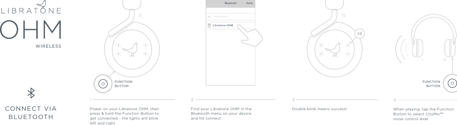 CONNECT VIABLUETOOTHFind your Libratone OHM in theBluetooth menu on your deviceand hit connectThis PhoneBluetooth DoneDouble blink means success!Power on your Libratone OHM, thenpress &amp; hold the Function Button toget connected - the lights will blinkleft and rightR RRLWhen playing, tap the FunctionButton to select CityMixTMnoise control levelx2Libratone OHMWIRELESSFUNCTIONBUTTONFUNCTIONBUTTON