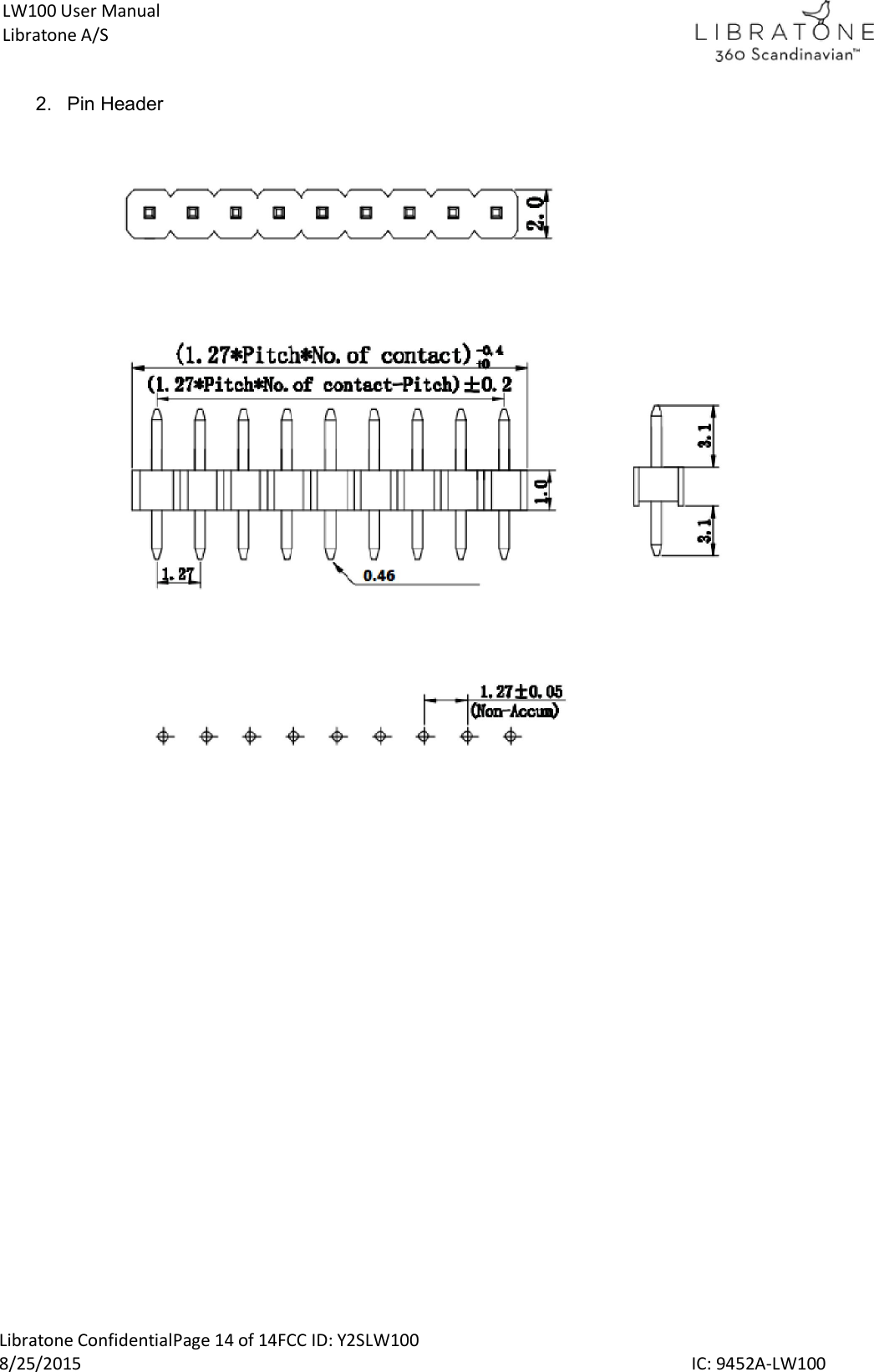  Libratone ConfidentialPage 14 of 14FCC ID: Y2SLW100 8/25/2015                                                                                                                                             IC: 9452A-LW100 LW100 User Manual Libratone A/S 2.  Pin Header   