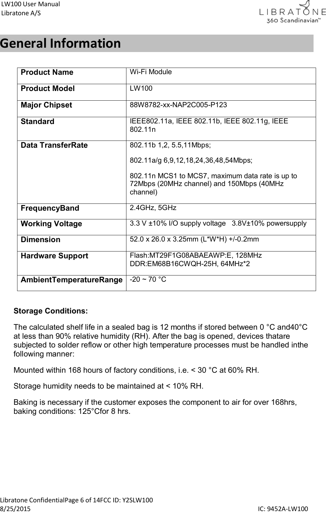  Libratone ConfidentialPage 6 of 14FCC ID: Y2SLW100 8/25/2015                                                                                                                                             IC: 9452A-LW100 LW100 User Manual Libratone A/S General Information  Product Name Wi-Fi Module Product Model LW100 Major Chipset 88W8782-xx-NAP2C005-P123 Standard IEEE802.11a, IEEE 802.11b, IEEE 802.11g, IEEE 802.11n Data TransferRate 802.11b 1,2, 5.5,11Mbps; 802.11a/g 6,9,12,18,24,36,48,54Mbps; 802.11n MCS1 to MCS7, maximum data rate is up to 72Mbps (20MHz channel) and 150Mbps (40MHz channel) FrequencyBand 2.4GHz, 5GHz Working Voltage 3.3 V &plusmn;10% I/O supply voltage   3.8V&plusmn;10% powersupply Dimension 52.0 x 26.0 x 3.25mm (L*W*H) +/-0.2mm Hardware Support Flash:MT29F1G08ABAEAWP:E, 128MHz DDR:EM68B16CWQH-25H, 64MHz*2 AmbientTemperatureRange -20 ~ 70 &deg;C  Storage Conditions: The calculated shelf life in a sealed bag is 12 months if stored between 0 &deg;C and40&deg;C at less than 90% relative humidity (RH). After the bag is opened, devices thatare subjected to solder reflow or other high temperature processes must be handled inthe following manner: Mounted within 168 hours of factory conditions, i.e. < 30 &deg;C at 60% RH. Storage humidity needs to be maintained at < 10% RH. Baking is necessary if the customer exposes the component to air for over 168hrs, baking conditions: 125&deg;Cfor 8 hrs.   