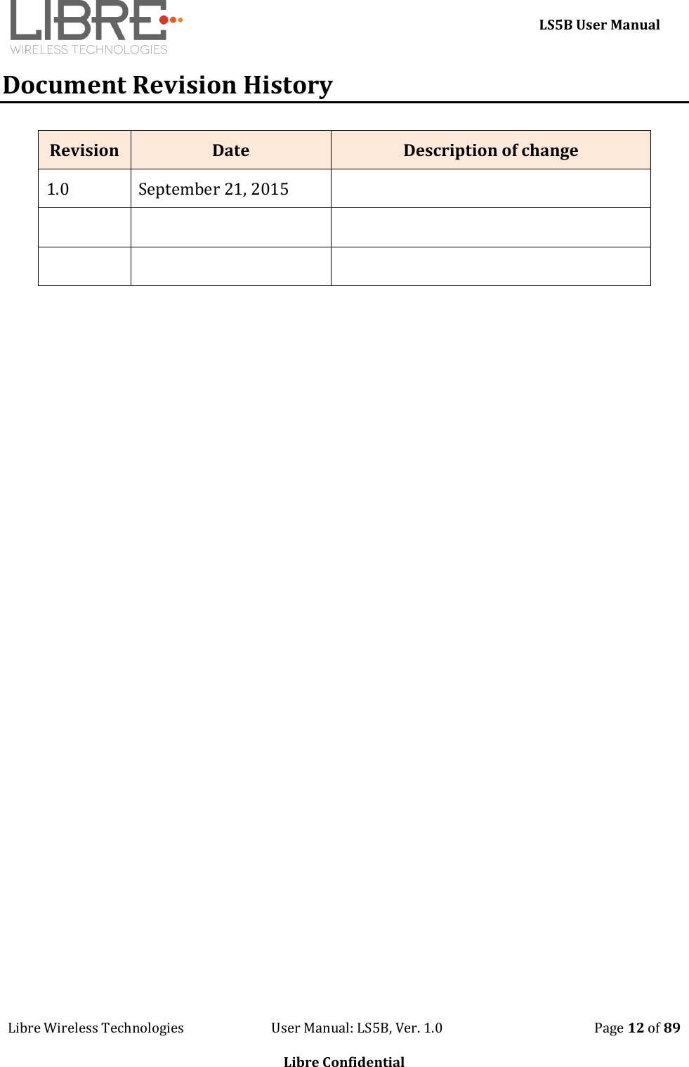     LS5B User Manual Libre Wireless Technologies                           User Manual: LS5B, Ver. 1.0                                               Page 12 of 89  Libre Confidential Document Revision History Revision Date Description of change 1.0 September 21, 2015        