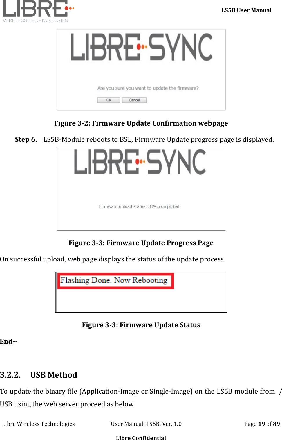     LS5B User Manual Libre Wireless Technologies                           User Manual: LS5B, Ver. 1.0                                               Page 19 of 89  Libre Confidential  Figure 3-2: Firmware Update Confirmation webpage Step 6. LS5B-Module reboots to BSL, Firmware Update progress page is displayed.  Figure 3-3: Firmware Update Progress Page On successful upload, web page displays the status of the update process  Figure 3-3: Firmware Update Status End--  3.2.2. USB Method To update the binary file (Application-Image or Single-Image) on the LS5B module from  / USB using the web server proceed as below 