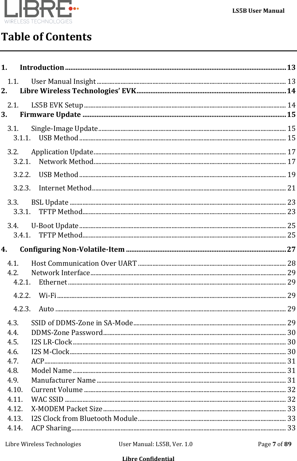     LS5B User Manual Libre Wireless Technologies                           User Manual: LS5B, Ver. 1.0                                               Page 7 of 89  Libre Confidential Table of Contents 1. Introduction ............................................................................................................................... 13 1.1. User Manual Insight ....................................................................................................................... 13 2. Libre Wireless Technologies&rsquo; EVK ...................................................................................... 14 2.1. LS5B EVK Setup ............................................................................................................................... 14 3. Firmware Update ..................................................................................................................... 15 3.1. Single-Image Update ...................................................................................................................... 15 3.1.1. USB Method .................................................................................................................................. 15 3.2. Application Update ......................................................................................................................... 17 3.2.1. Network Method ......................................................................................................................... 17 3.2.2. USB Method .................................................................................................................................. 19 3.2.3. Internet Method .......................................................................................................................... 21 3.3. BSL Update ........................................................................................................................................ 23 3.3.1. TFTP Method ................................................................................................................................ 23 3.4. U-Boot Update .................................................................................................................................. 25 3.4.1. TFTP Method ................................................................................................................................ 25 4. Configuring Non-Volatile-Item ............................................................................................ 27 4.1. Host Communication Over UART ............................................................................................. 28 4.2. Network Interface ........................................................................................................................... 29 4.2.1. Ethernet ......................................................................................................................................... 29 4.2.2. Wi-Fi ................................................................................................................................................ 29 4.2.3. Auto ................................................................................................................................................. 29 4.3. SSID of DDMS-Zone in SA-Mode ................................................................................................ 29 4.4. DDMS-Zone Password ................................................................................................................... 30 4.5. I2S LR-Clock ...................................................................................................................................... 30 4.6. I2S M-Clock ........................................................................................................................................ 30 4.7. ACP ........................................................................................................................................................ 31 4.8. Model Name ...................................................................................................................................... 31 4.9. Manufacturer Name ....................................................................................................................... 31 4.10. Current Volume ............................................................................................................................... 32 4.11. WAC SSID ........................................................................................................................................... 32 4.12. X-MODEM Packet Size ................................................................................................................... 33 4.13. I2S Clock from Bluetooth Module ............................................................................................. 33 4.14. ACP Sharing ....................................................................................................................................... 33 