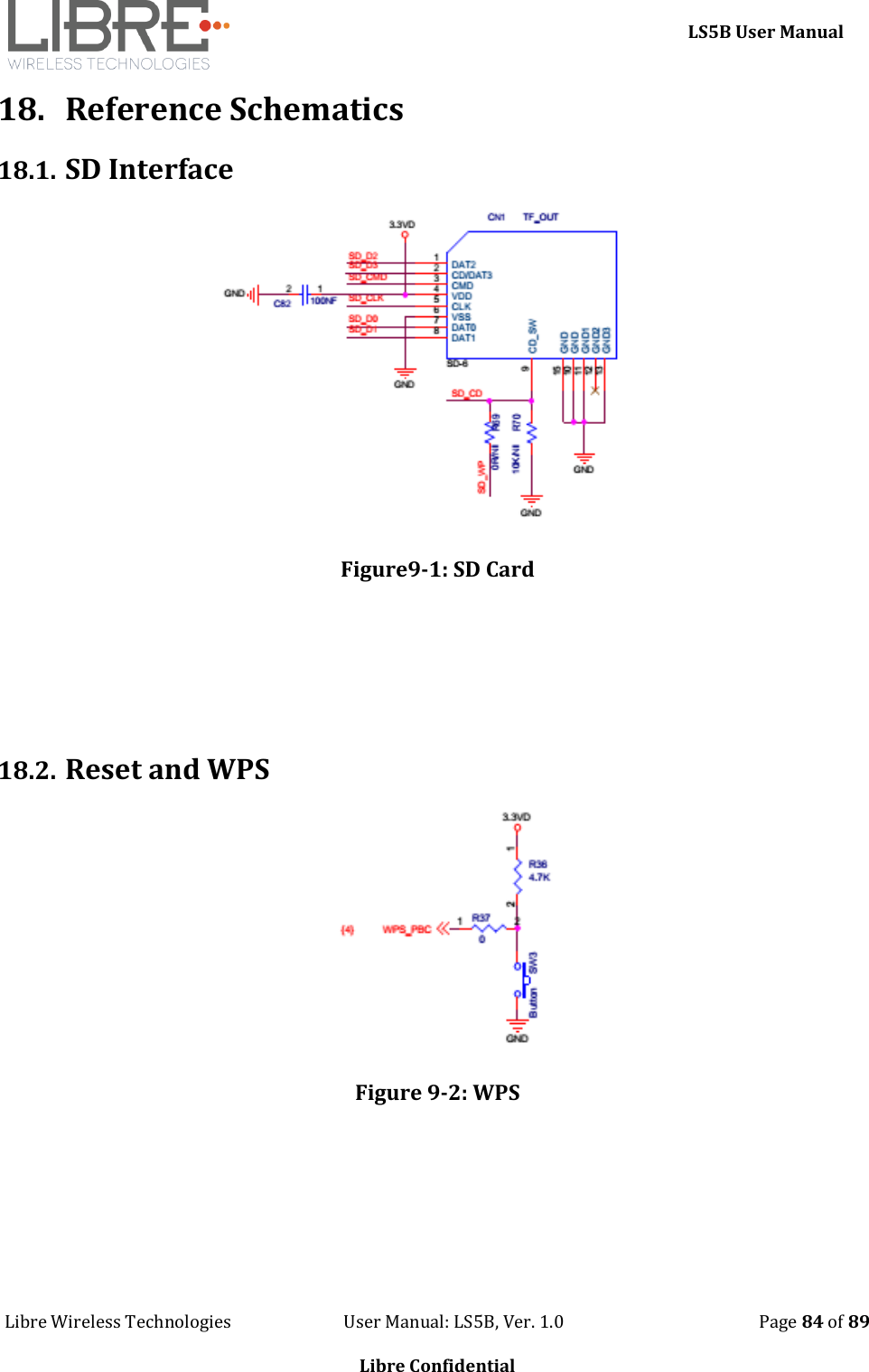     LS5B User Manual Libre Wireless Technologies                           User Manual: LS5B, Ver. 1.0                                               Page 84 of 89  Libre Confidential 18. Reference Schematics 18.1. SD Interface  Figure9-1: SD Card       18.2. Reset and WPS  Figure 9-2: WPS 