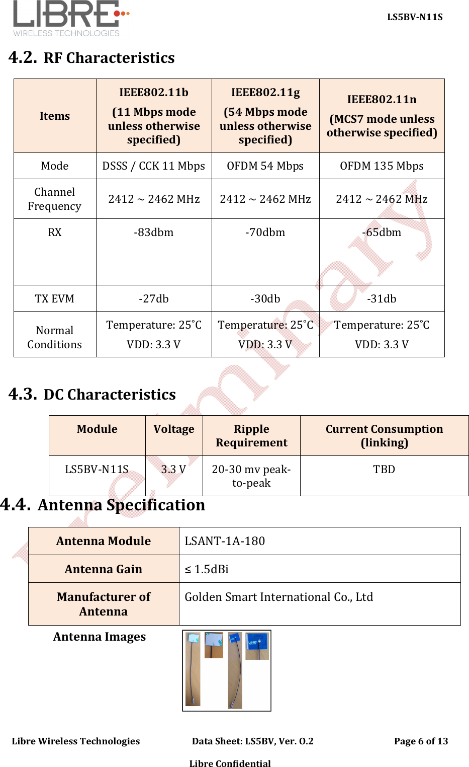 LS5BV-N11S Libre Wireless Technologies        Data Sheet: LS5BV, Ver. O.2    Page 6 of 13 Libre Confidential 4.2. RF Characteristics  Items IEEE802.11b (11 Mbps mode unless otherwise specified) IEEE802.11g (54 Mbps mode unless otherwise specified) IEEE802.11n (MCS7 mode unless otherwise specified) Mode  DSSS / CCK 11 Mbps OFDM 54 Mbps  OFDM 135 Mbps Channel Frequency  2412 ~ 2462 MHz  2412 ~ 2462 MHz  2412 ~ 2462 MHz RX  -83dbm  -70dbm  -65dbm TX EVM  -27db  -30db  -31db Normal Conditions Temperature: 25˚C VDD: 3.3 V Temperature: 25˚C VDD: 3.3 V  Temperature: 25˚C VDD: 3.3 V 4.3. DC Characteristics Module Voltage  Ripple Requirement Current Consumption (linking) LS5BV-N11S  3.3 V  20-30 mv peak-to-peak TBD 4.4. Antenna Specification Antenna Module  LSANT-1A-180 Antenna Gain  &le; 1.5dBi Manufacturer of Antenna Golden Smart International Co., Ltd Antenna Images 